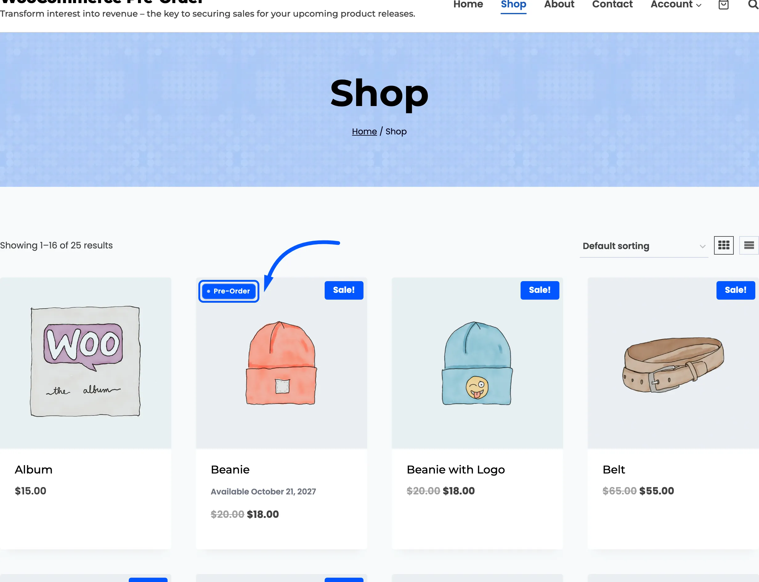A pre-order product in the shop grid with a badge and a release date