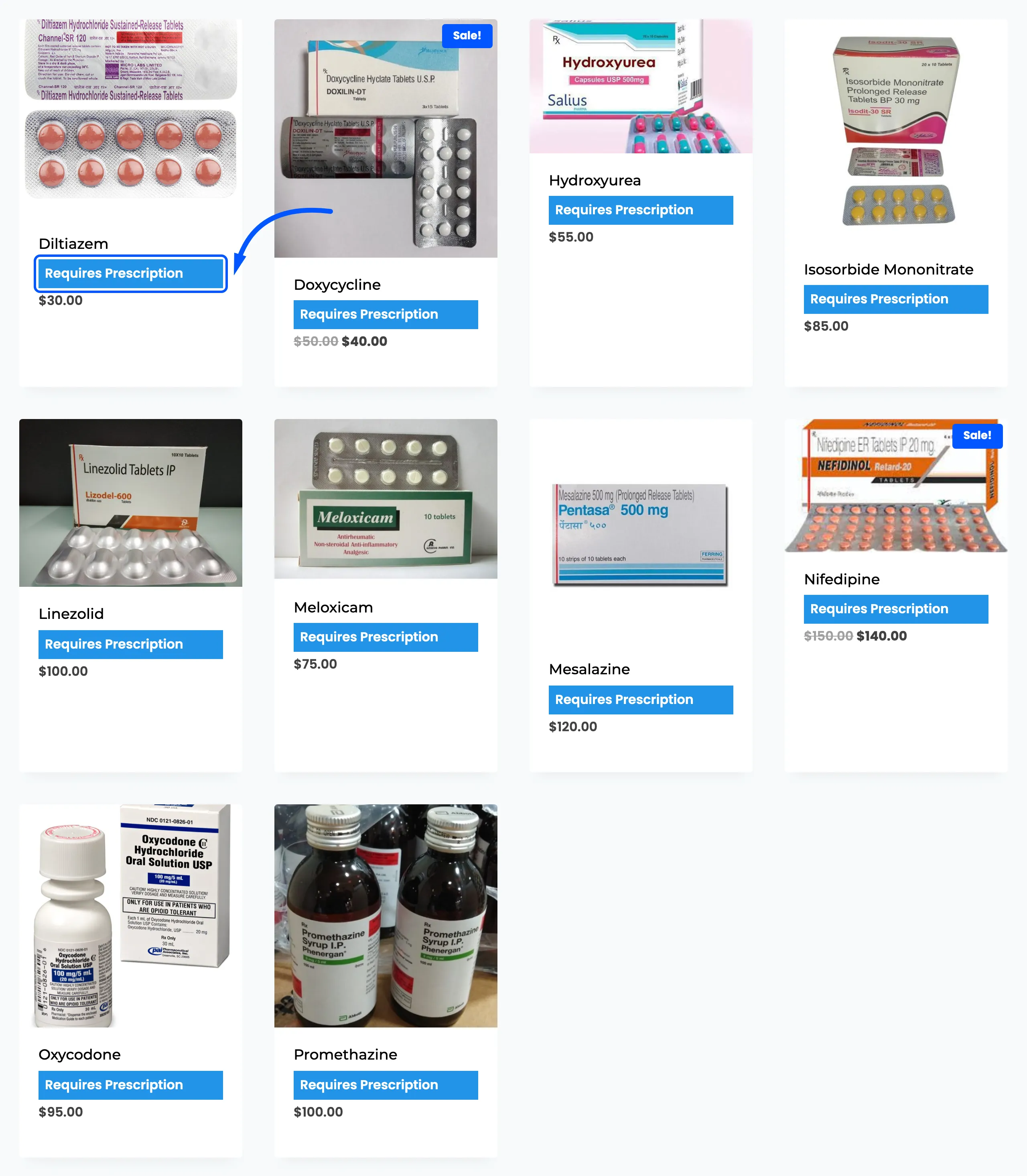 The Requires Prescription badge on products in the shop grid