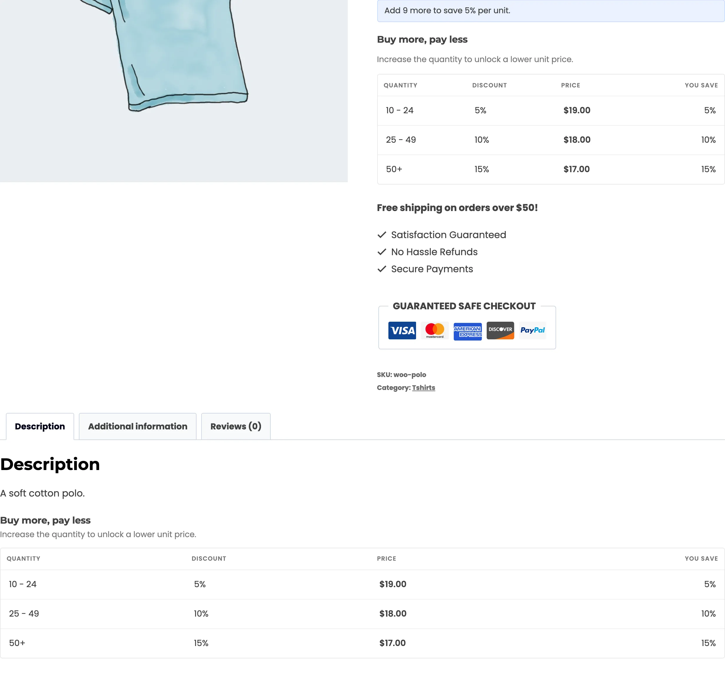 A product page with the pricing table at its chosen position and a second copy inside the Description tab