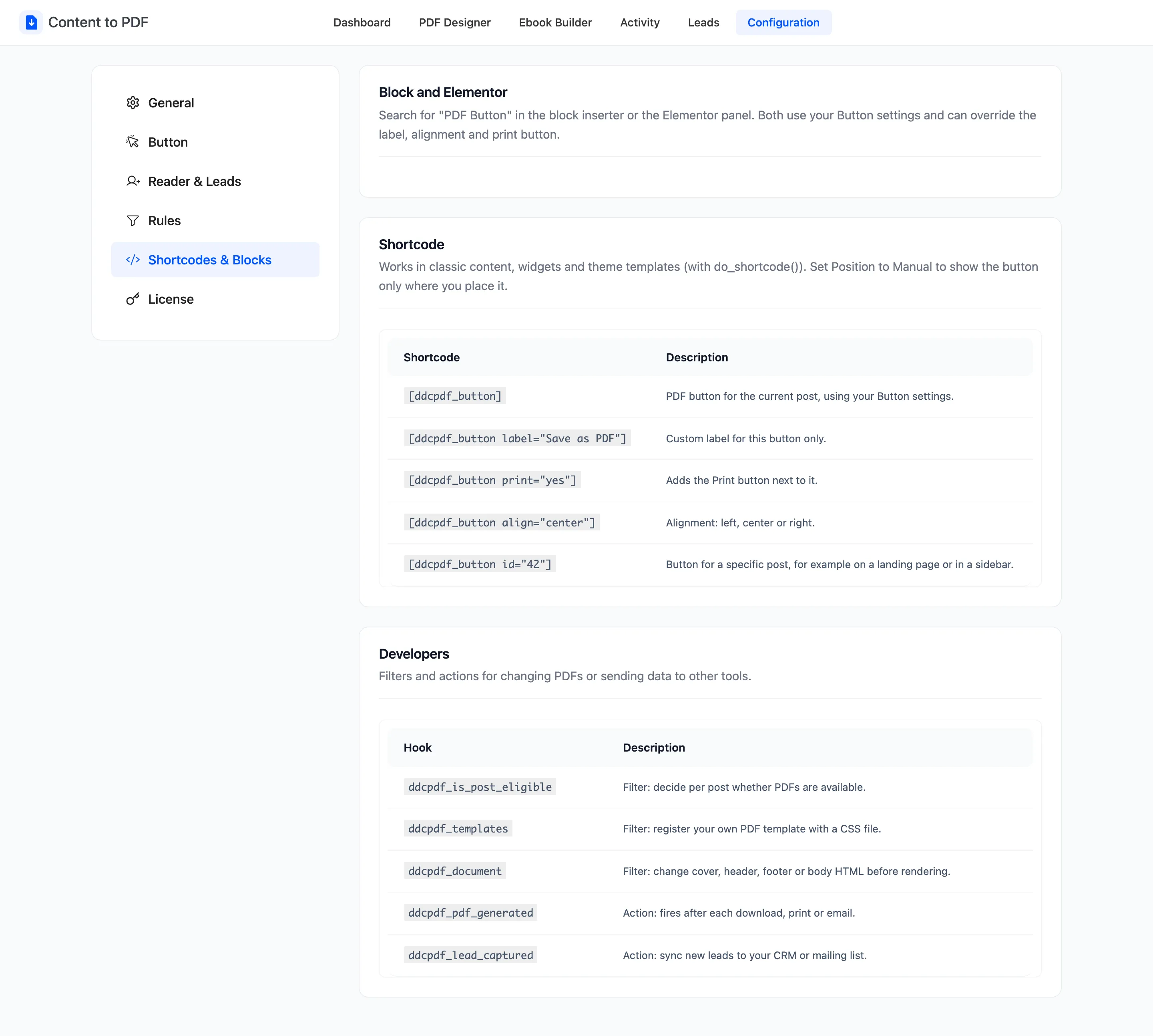 The Shortcodes & Blocks tab
