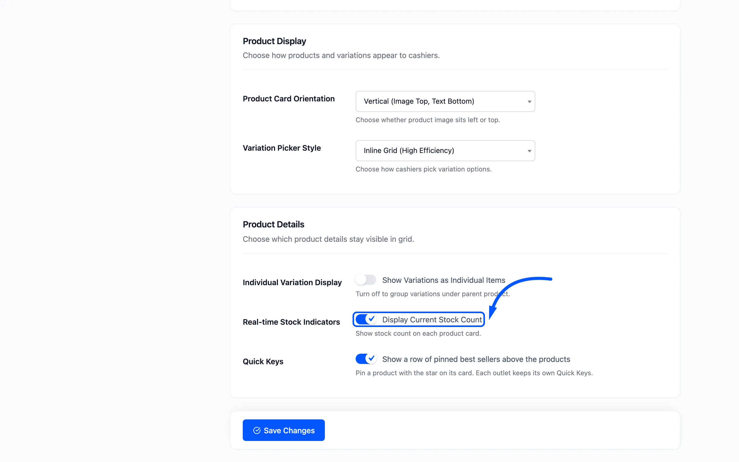 The Display Current Stock Count checkbox on the layout tab