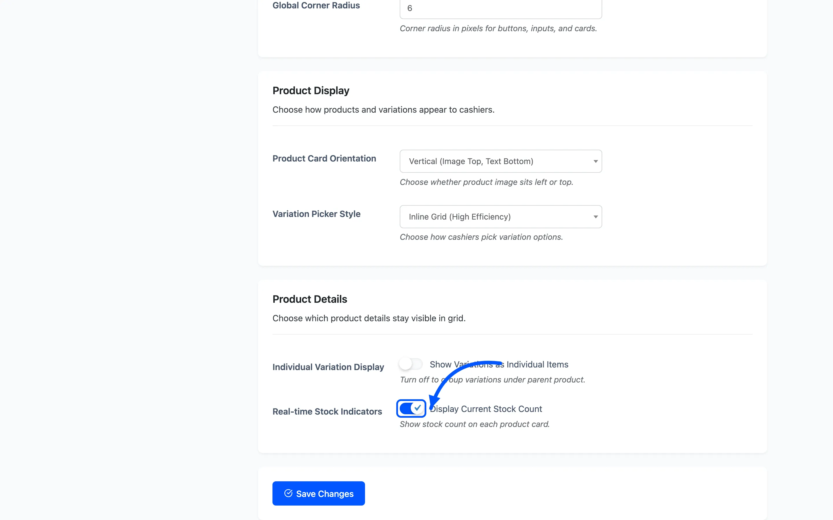The Display Current Stock Count checkbox on the layout tab