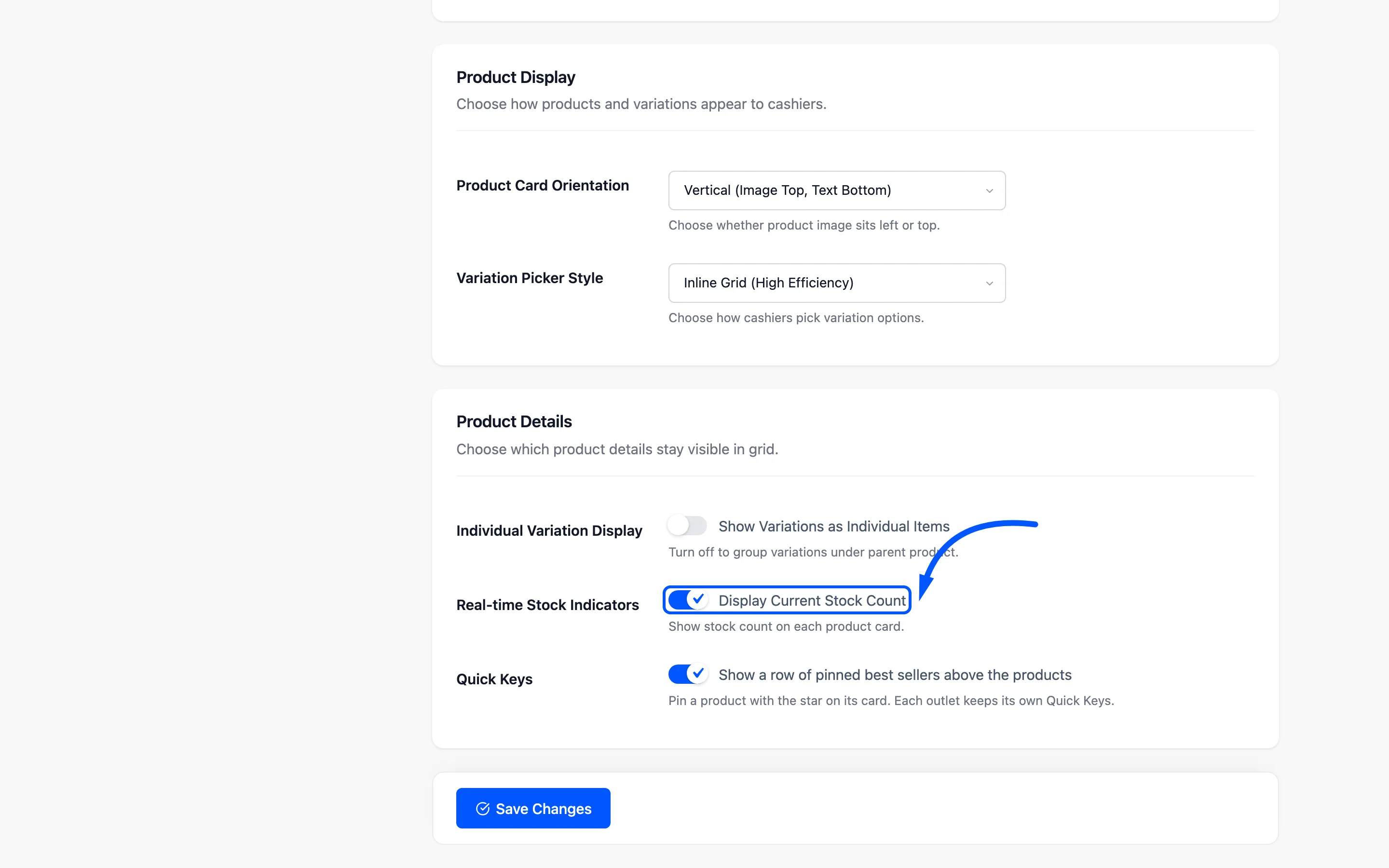 The Display Current Stock Count checkbox on the layout tab