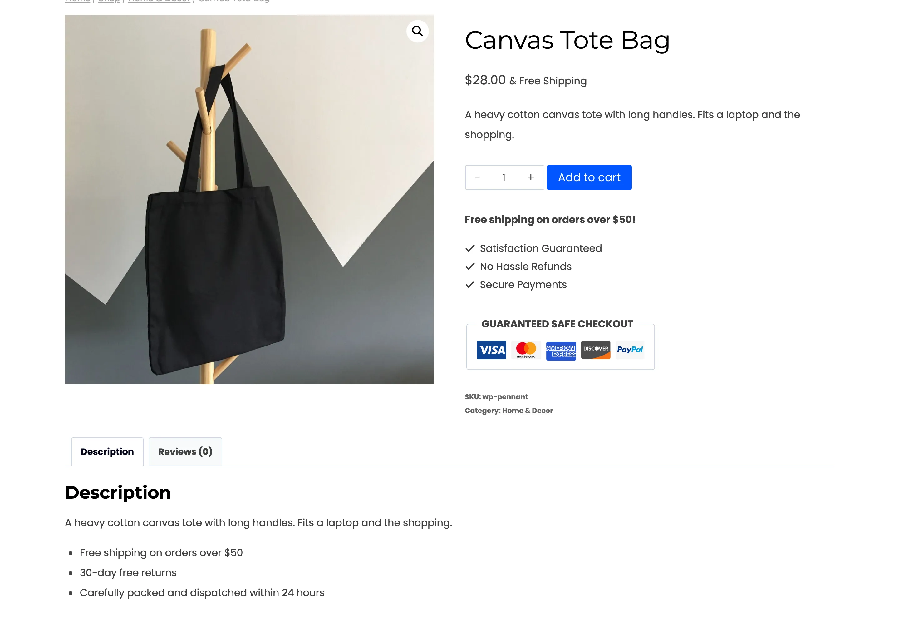 Canvas Tote Bag showing $28 because of its own setting