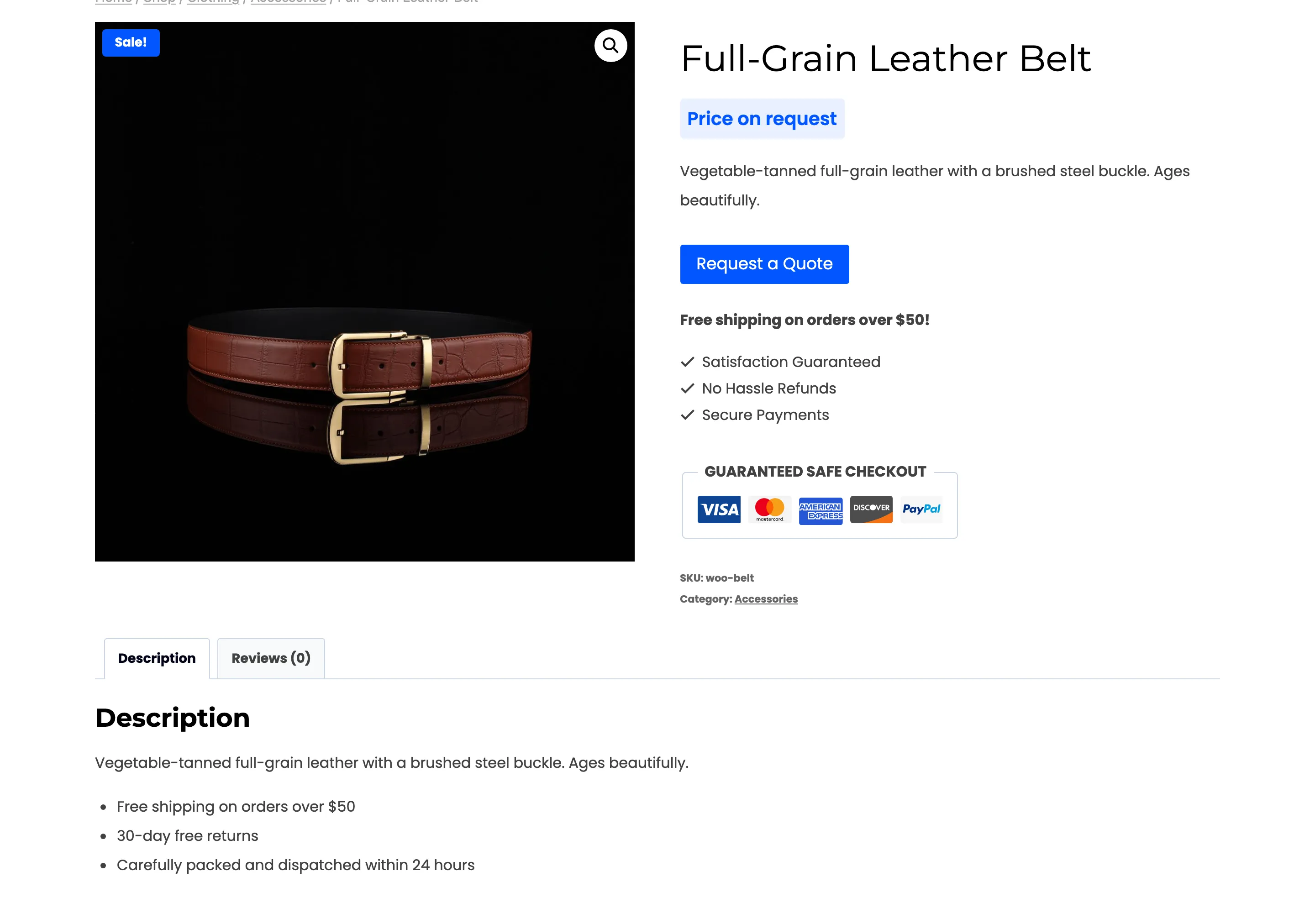 The $55 belt showing Price on request and the quote button