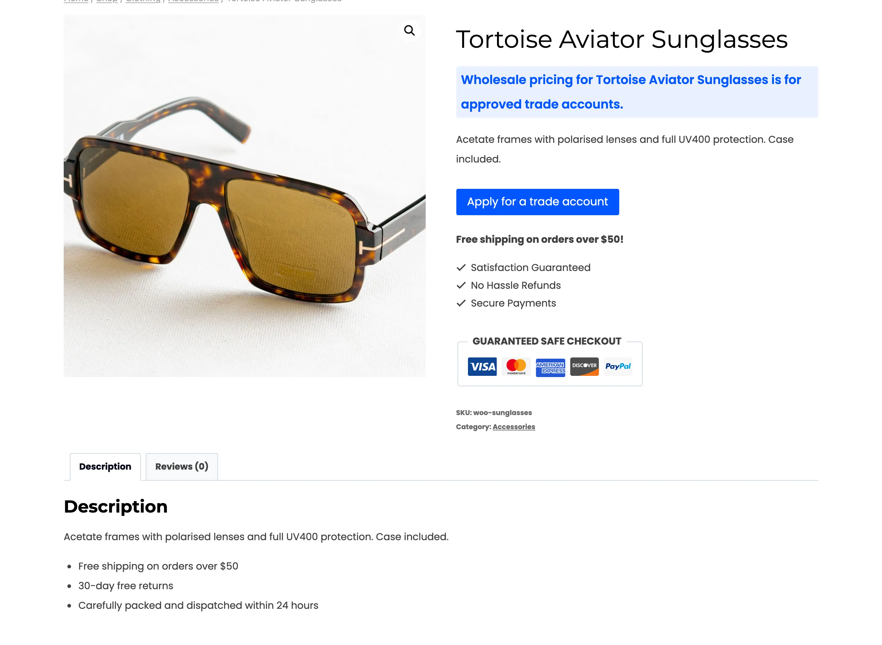 The sunglasses with an Apply for a trade account button