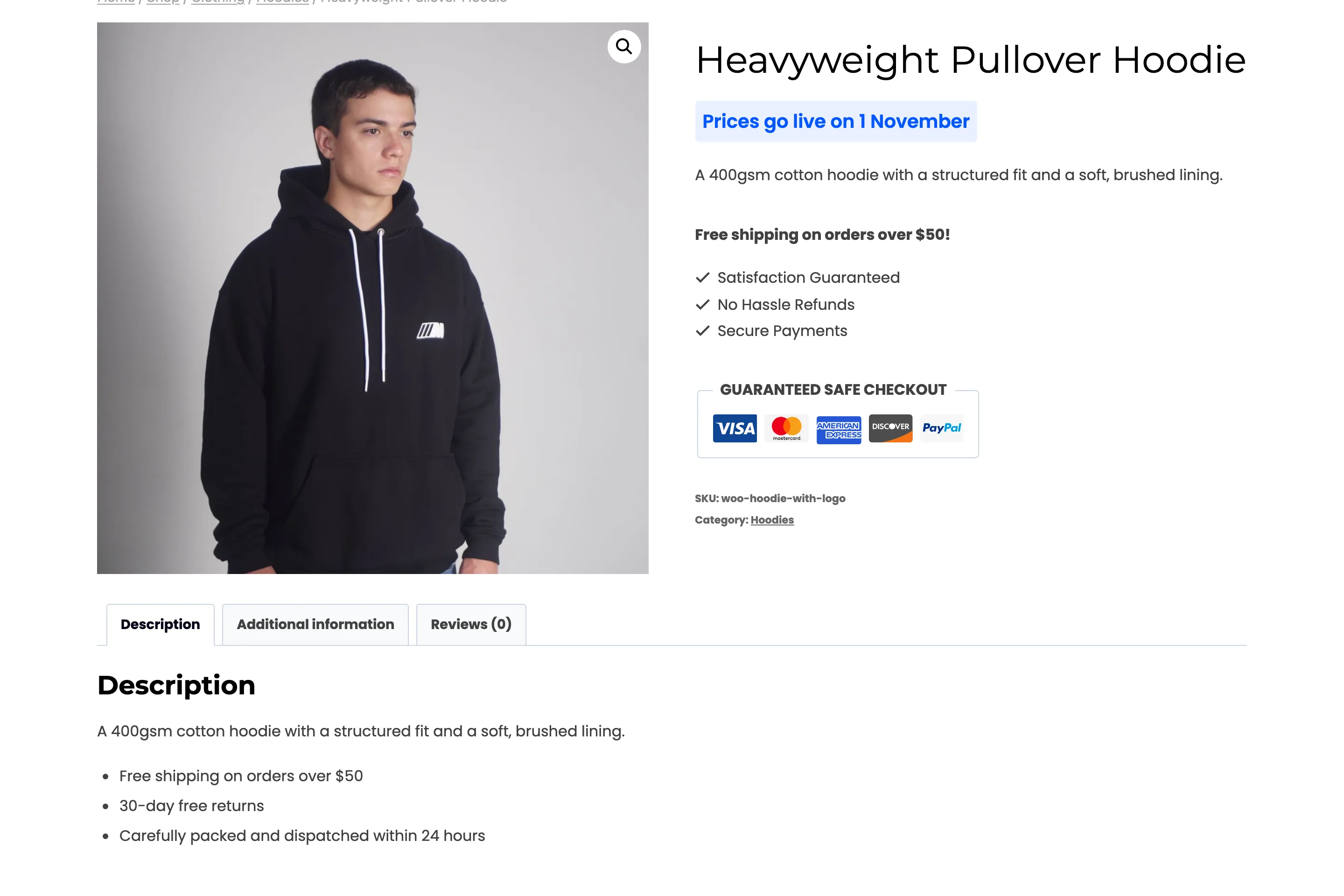 A hoodie showing Prices go live on 1 November and no button