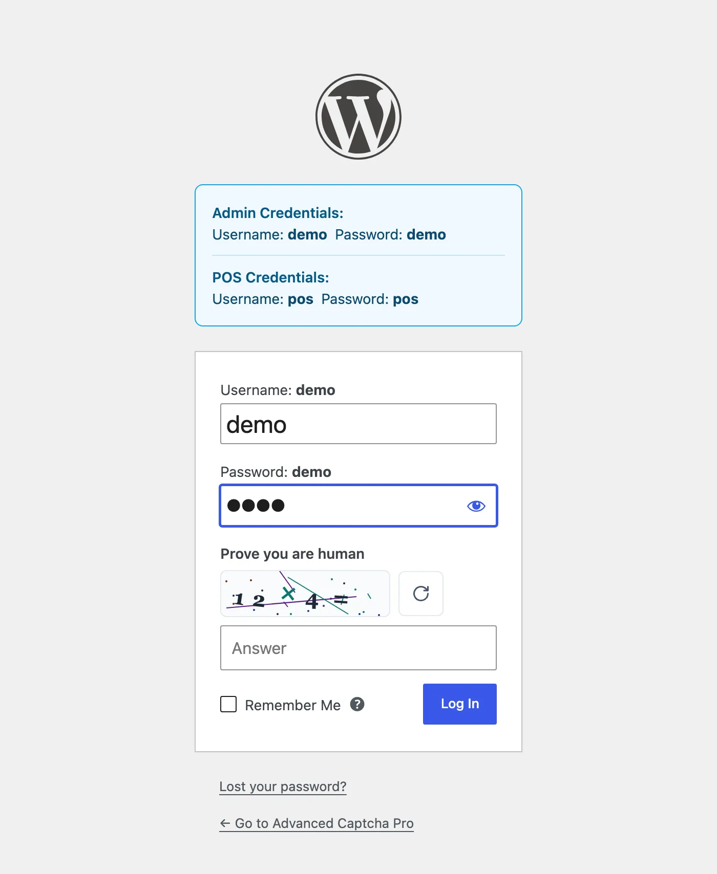 The same login page after a wrong password: the CAPTCHA is shown