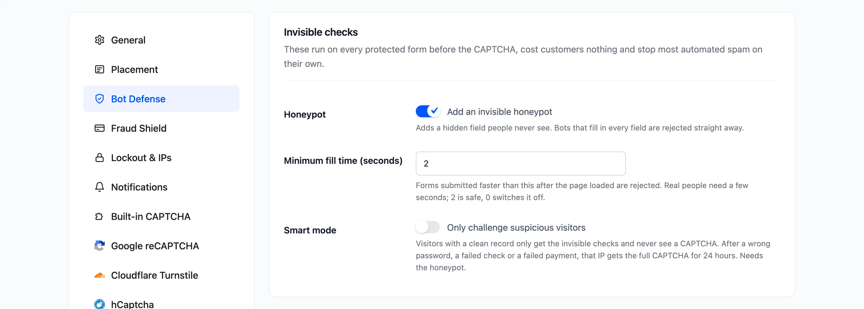 Smart mode switched on on the Bot Defense tab
