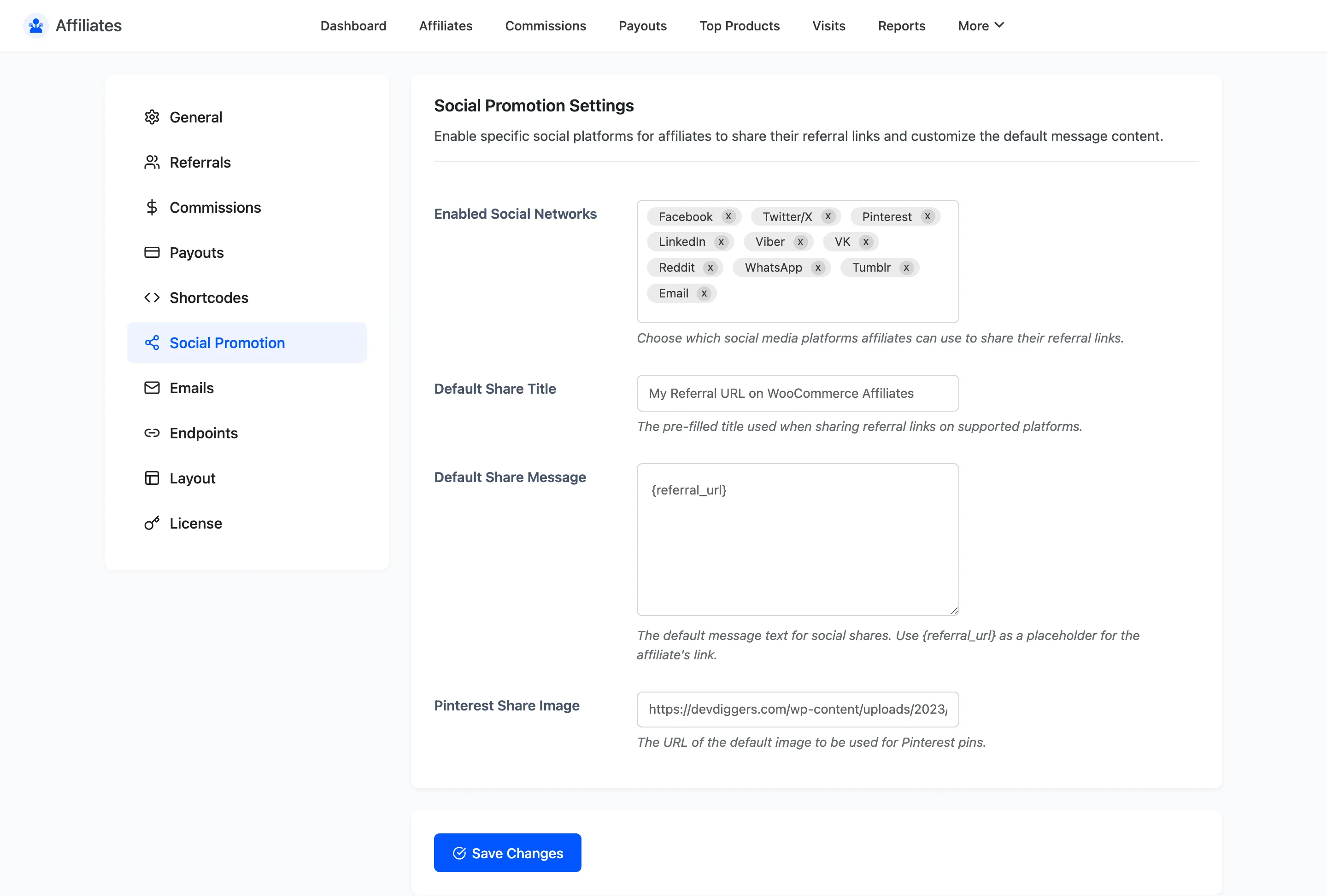 The Affiliates Social Promotion settings tab with the network selector and share message fields