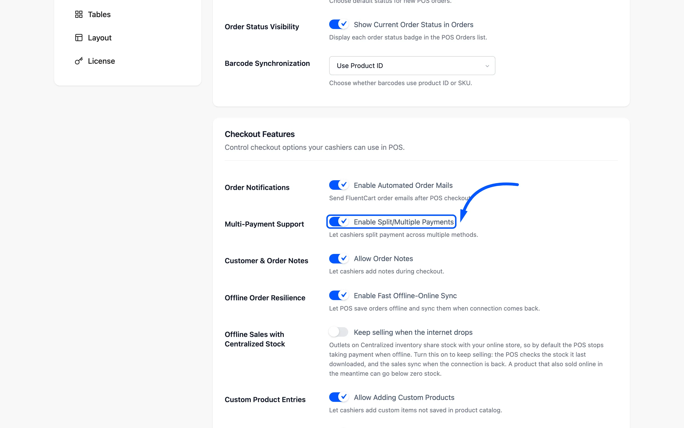 The Enable Split Multiple Payments checkbox on the General tab