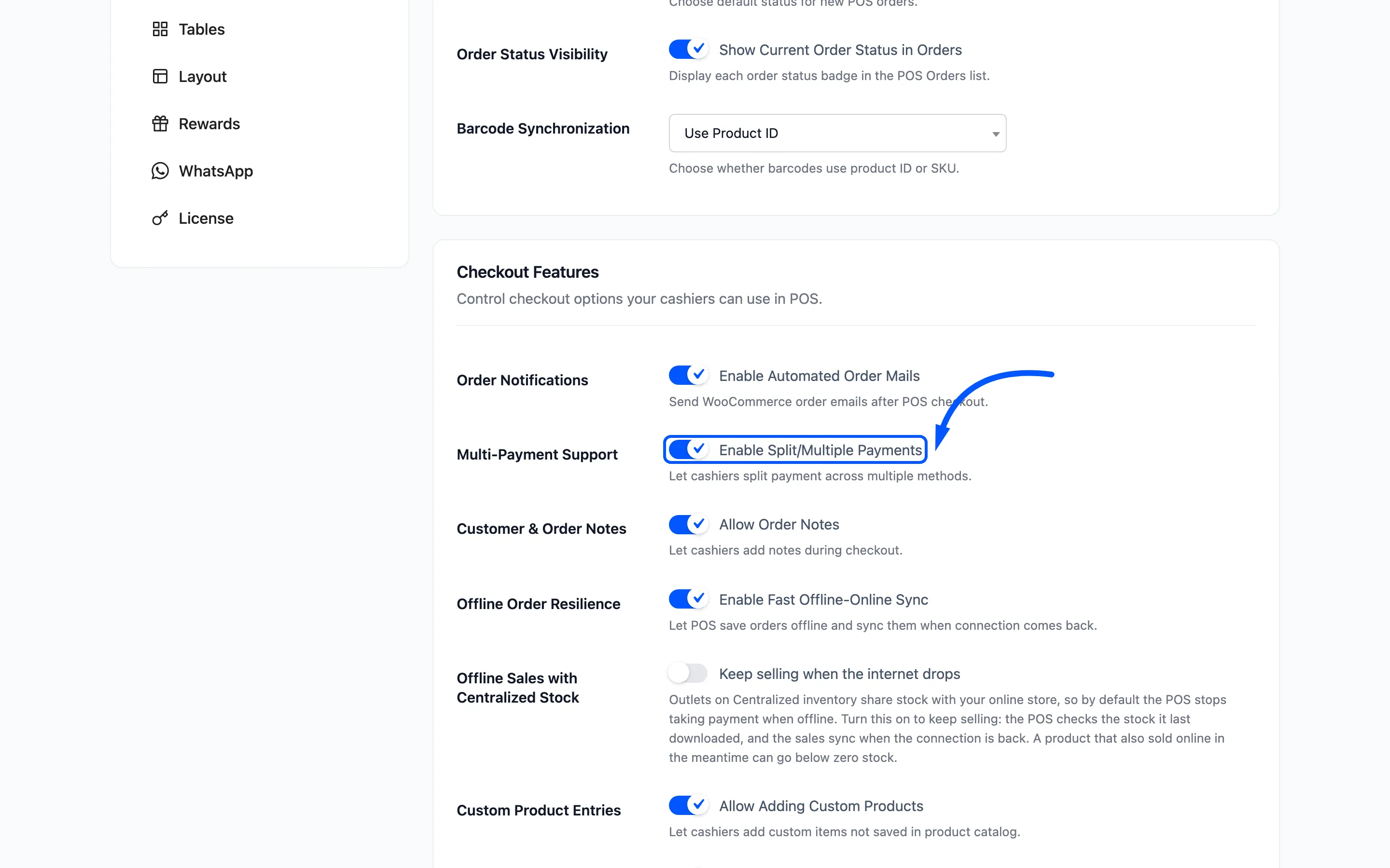 The Enable Split Multiple Payments checkbox on the General tab
