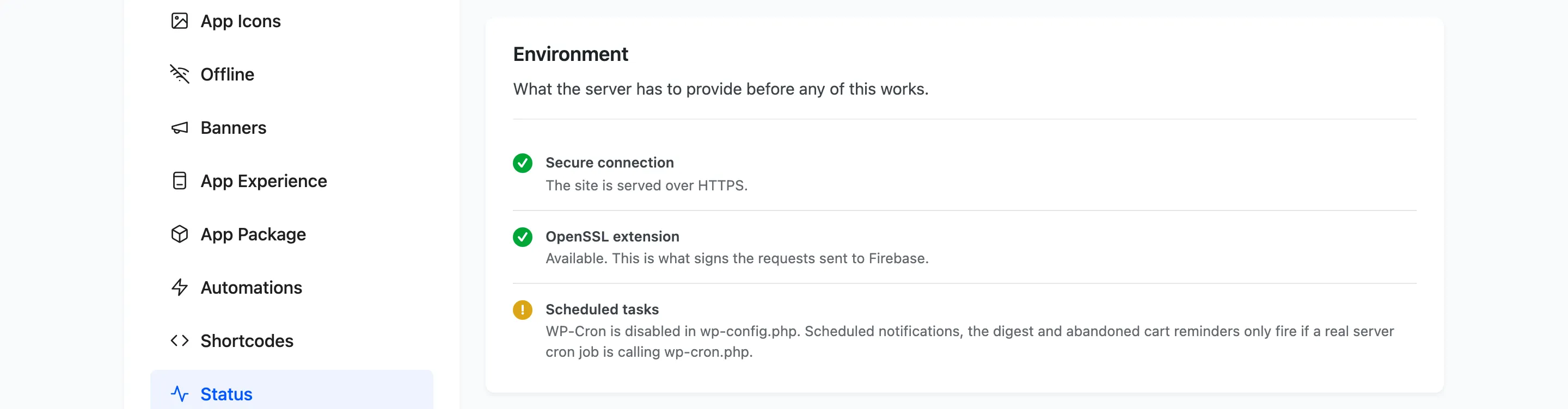 The Environment checks on the Status tab