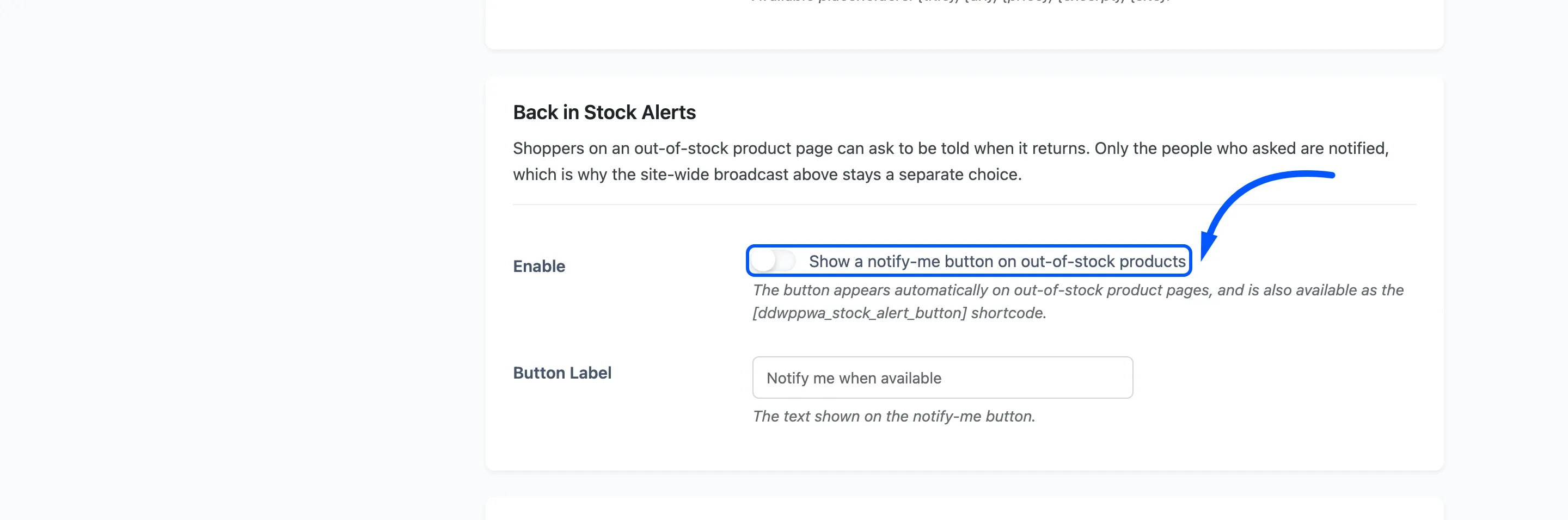 The Back in Stock Alerts Enable switch