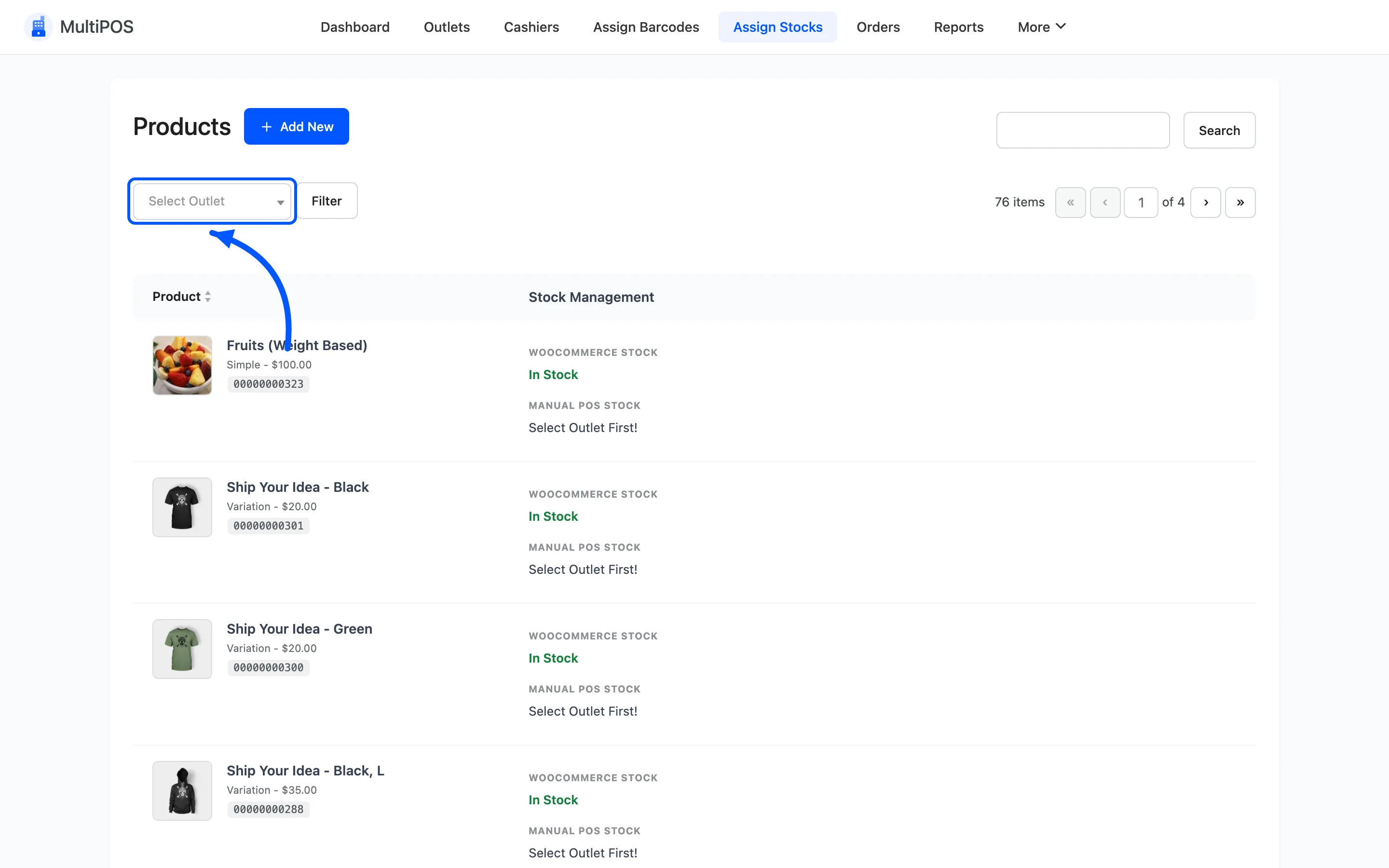 The outlet filter on the Assign Stocks screen