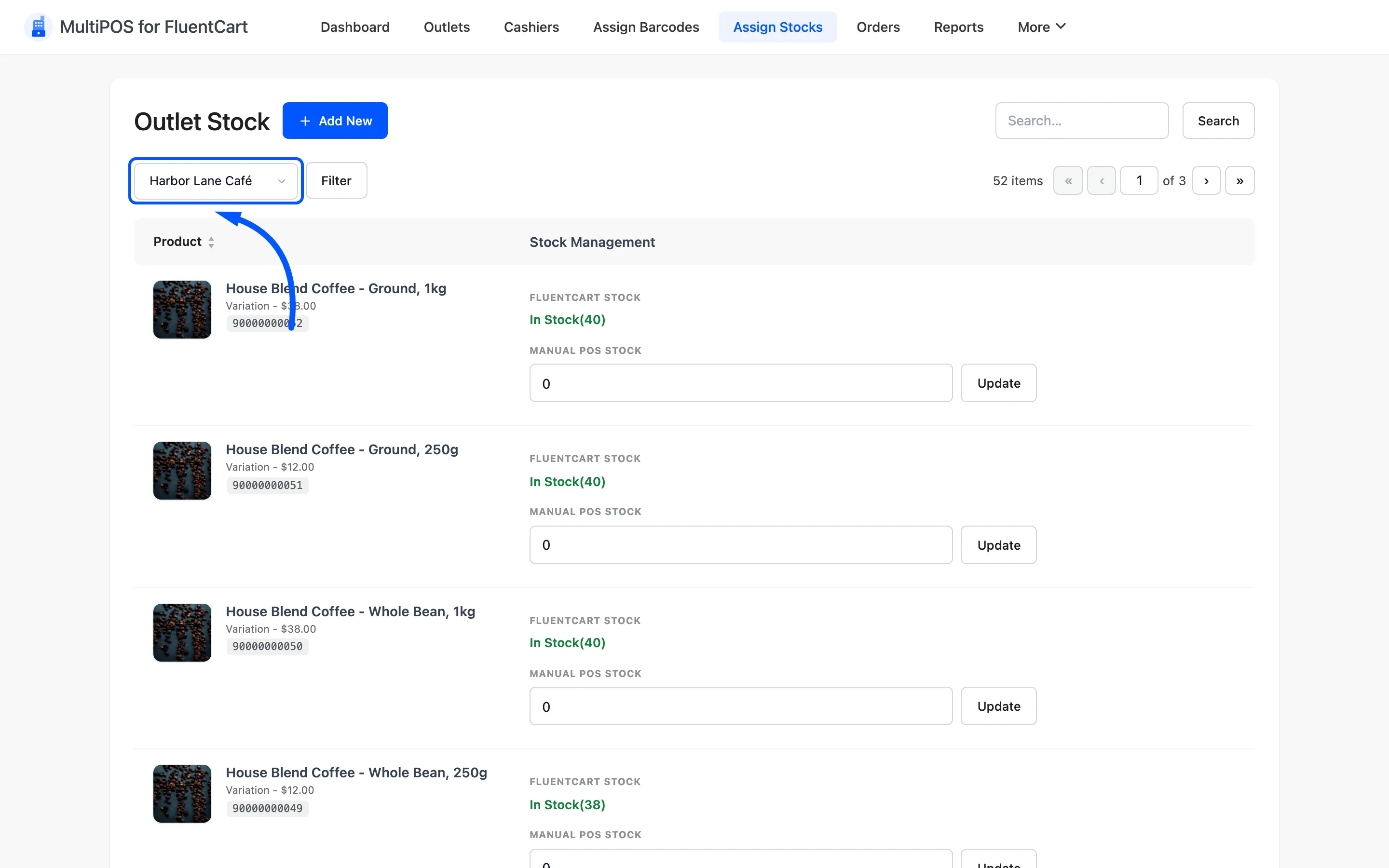 The outlet filter on the Assign Stocks screen
