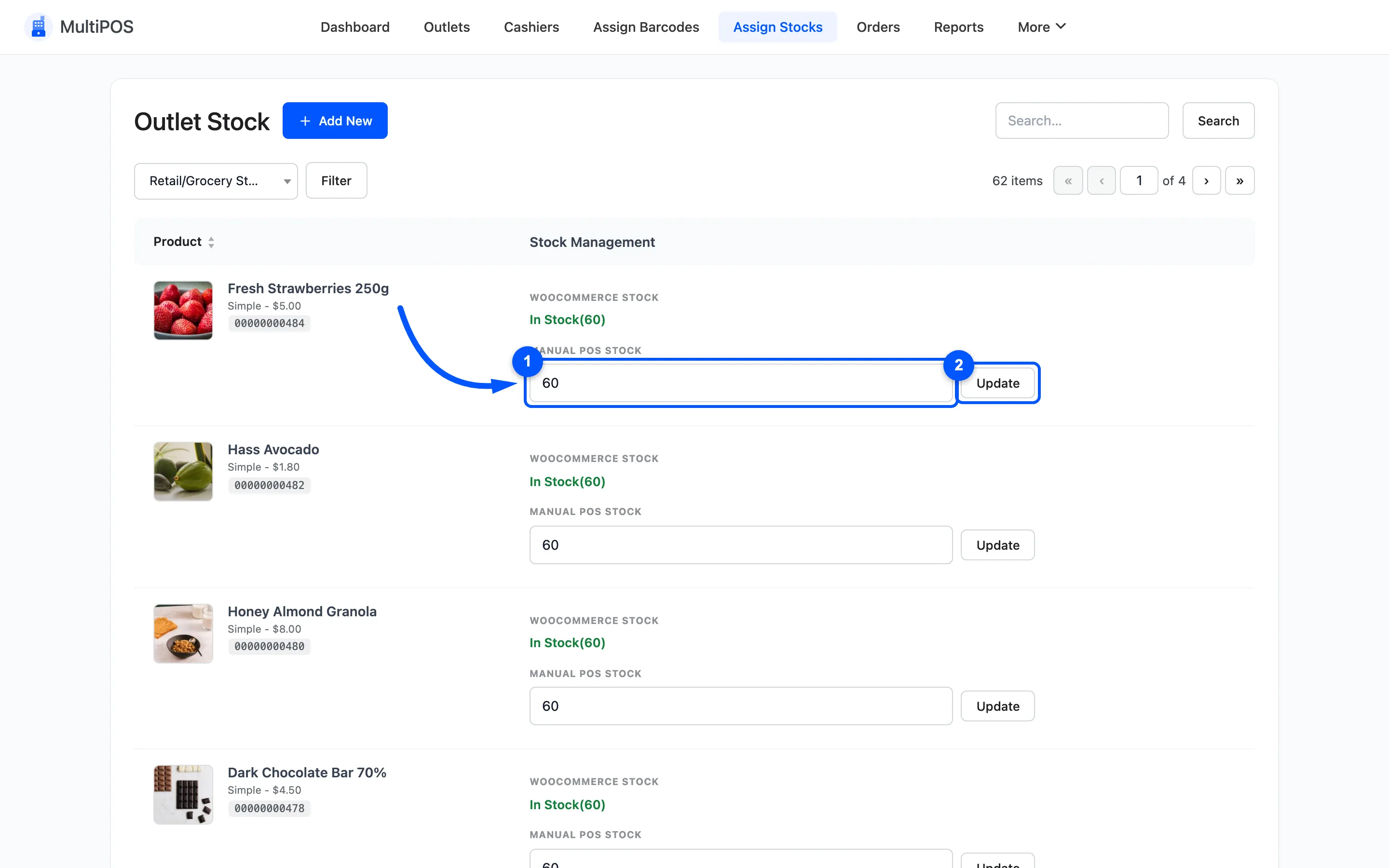 The Manual POS Stock field and its Update button on an Assign Stocks row