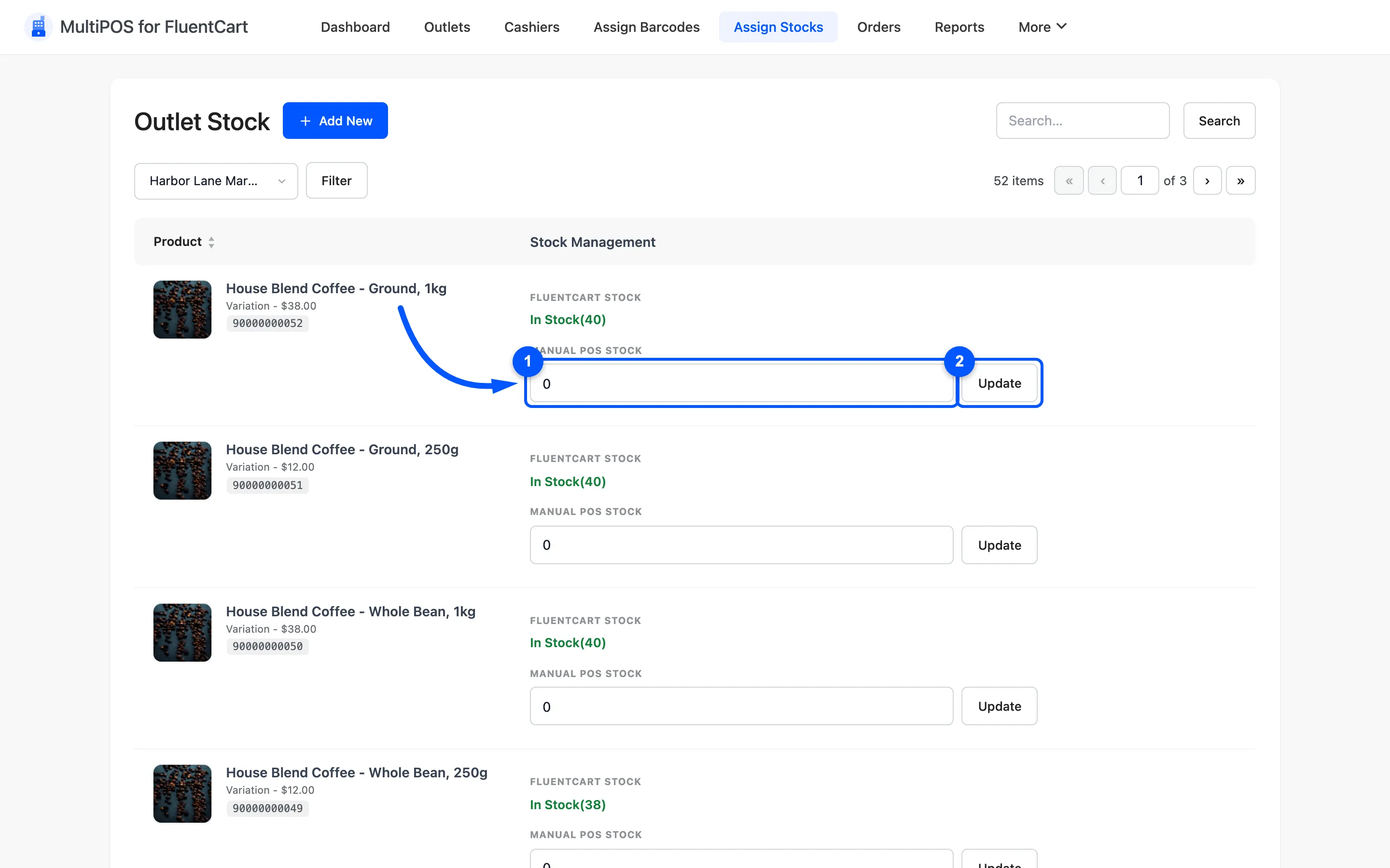 The Manual POS Stock field and its Update button on an Assign Stocks row