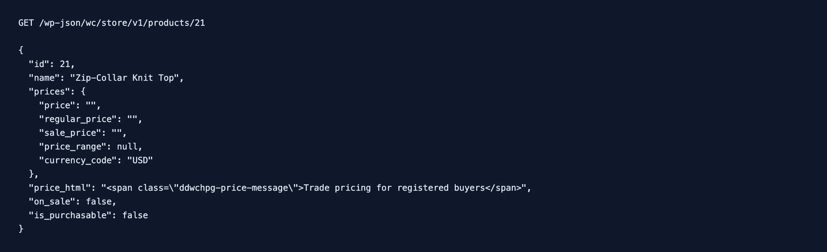 The Store API response for a hidden product, with empty prices