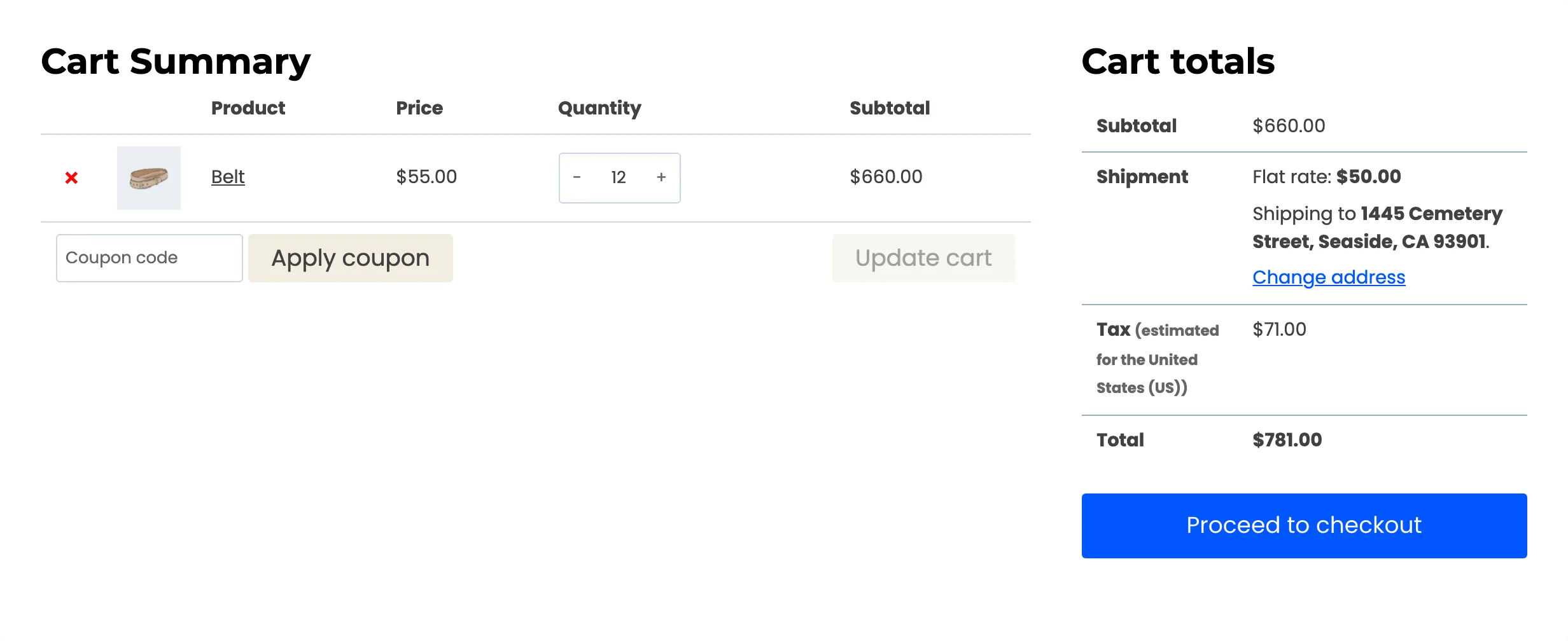 The cart with twelve Belts at the normal price and no tiered pricing line
