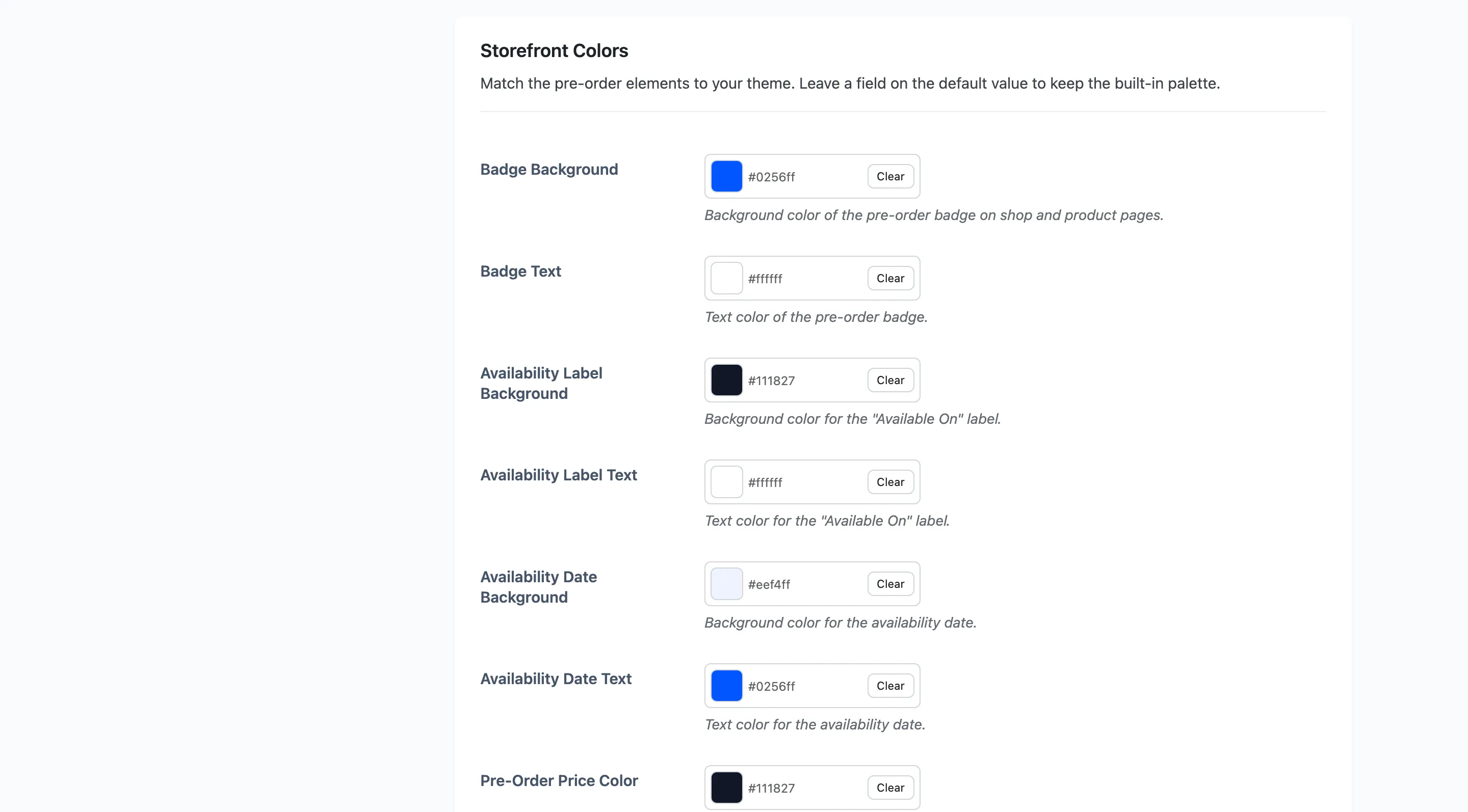The first part of the Storefront Colors section