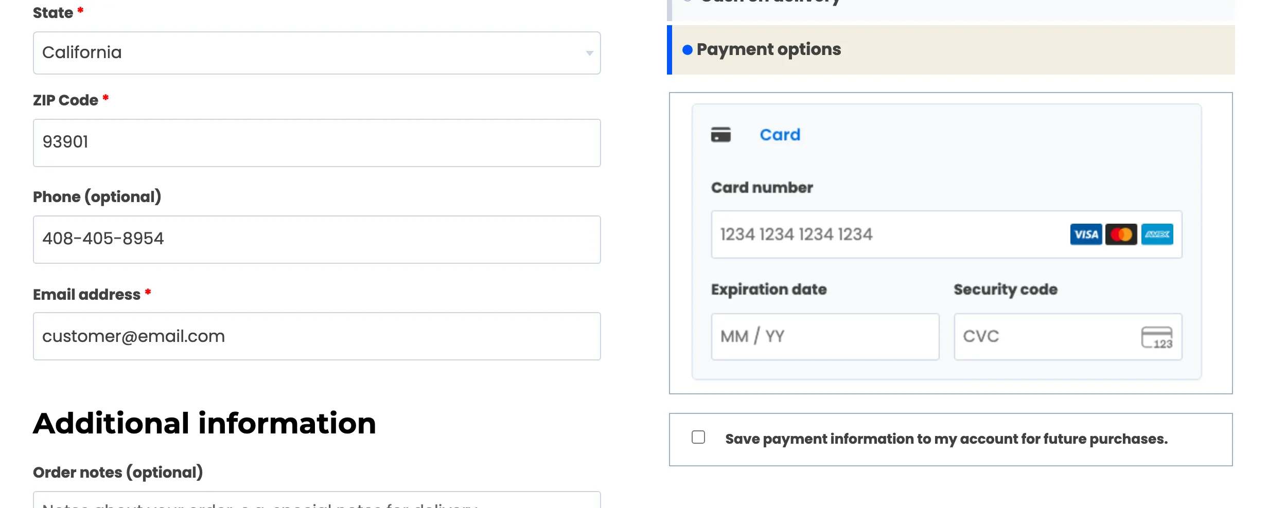 The Stripe card form and the save payment information checkbox on a pre-order checkout