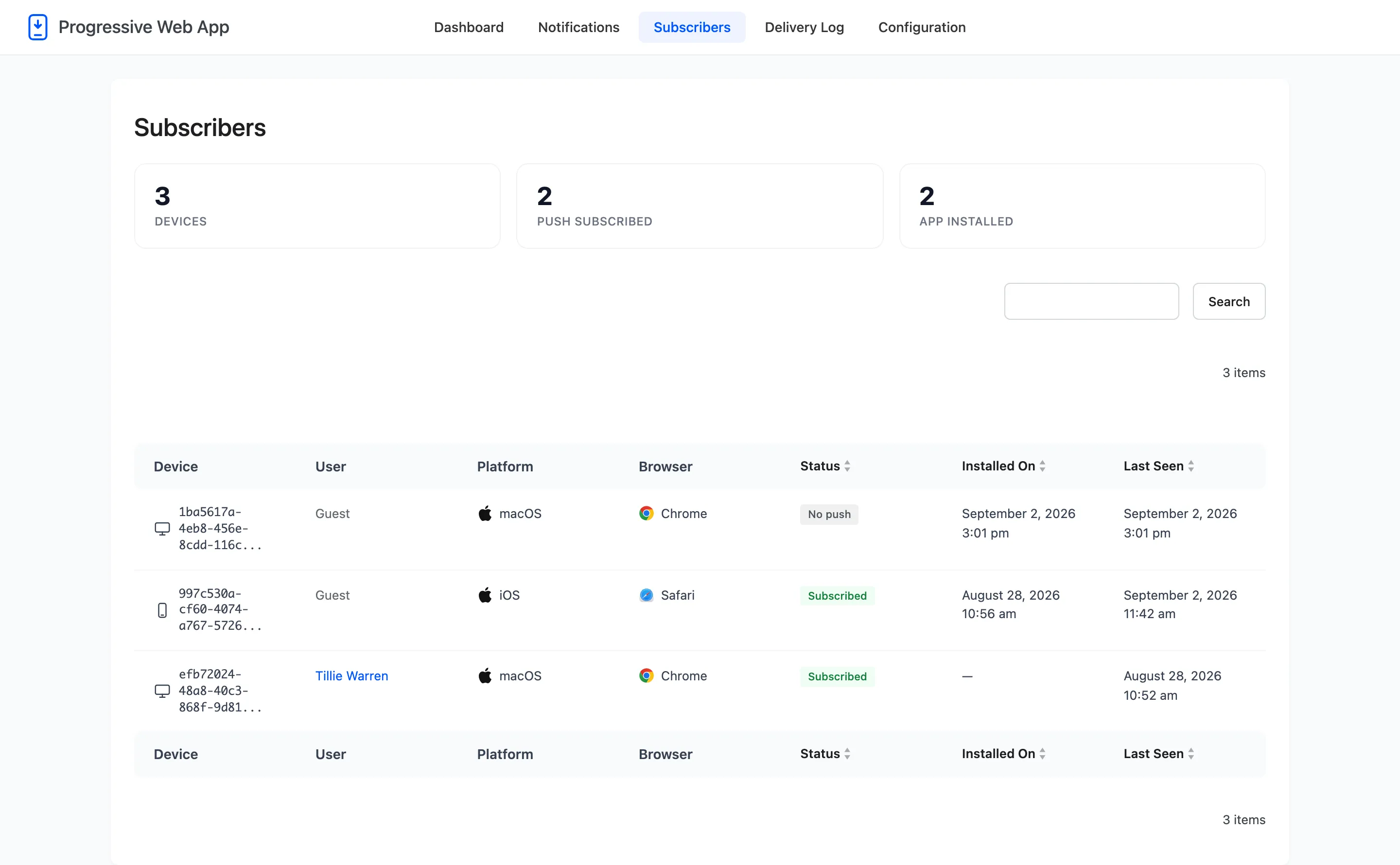 The Subscribers screen