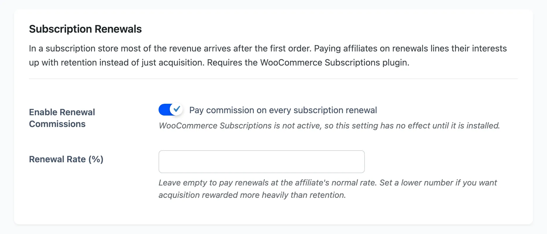 The Subscription Renewals section of the Commissions settings tab