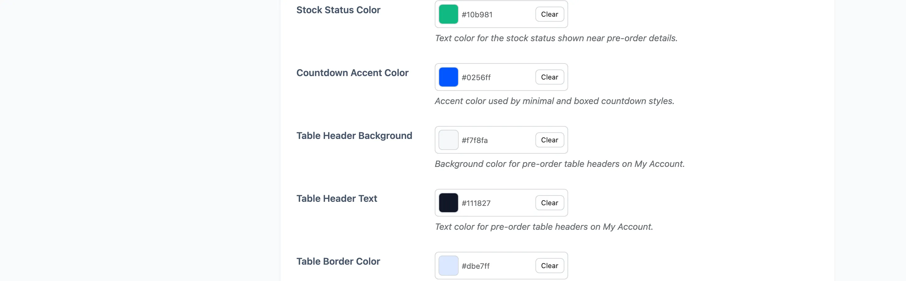 The table colour fields