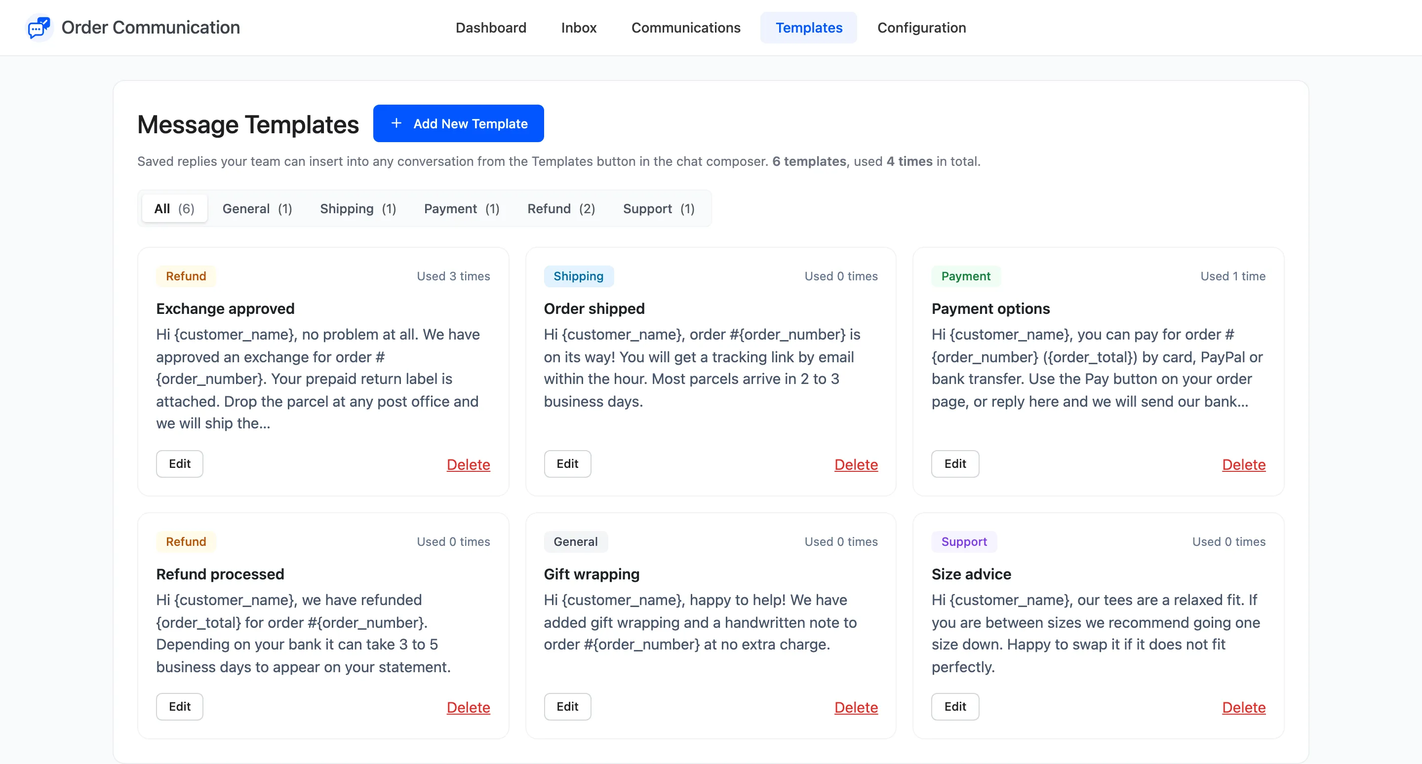 The Templates screen with six saved replies