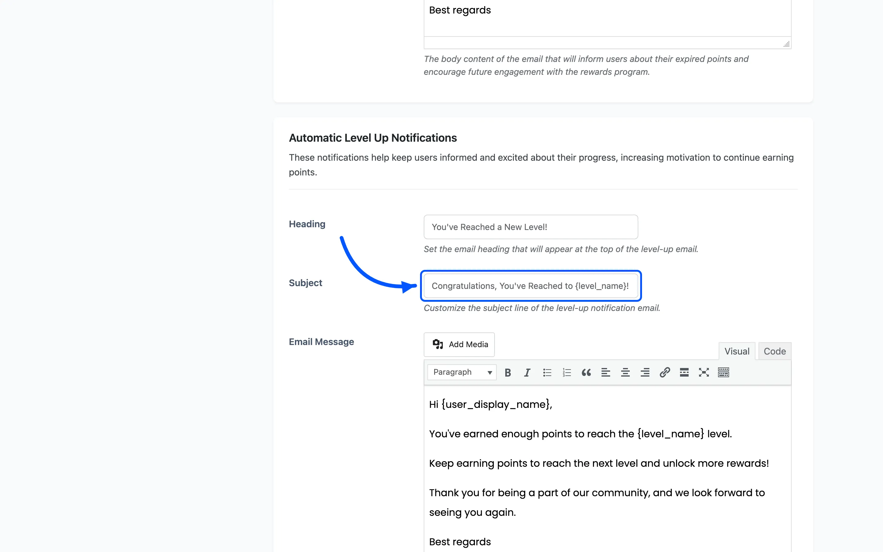 The Automatic Level Up Notifications email fields on the Emails tab