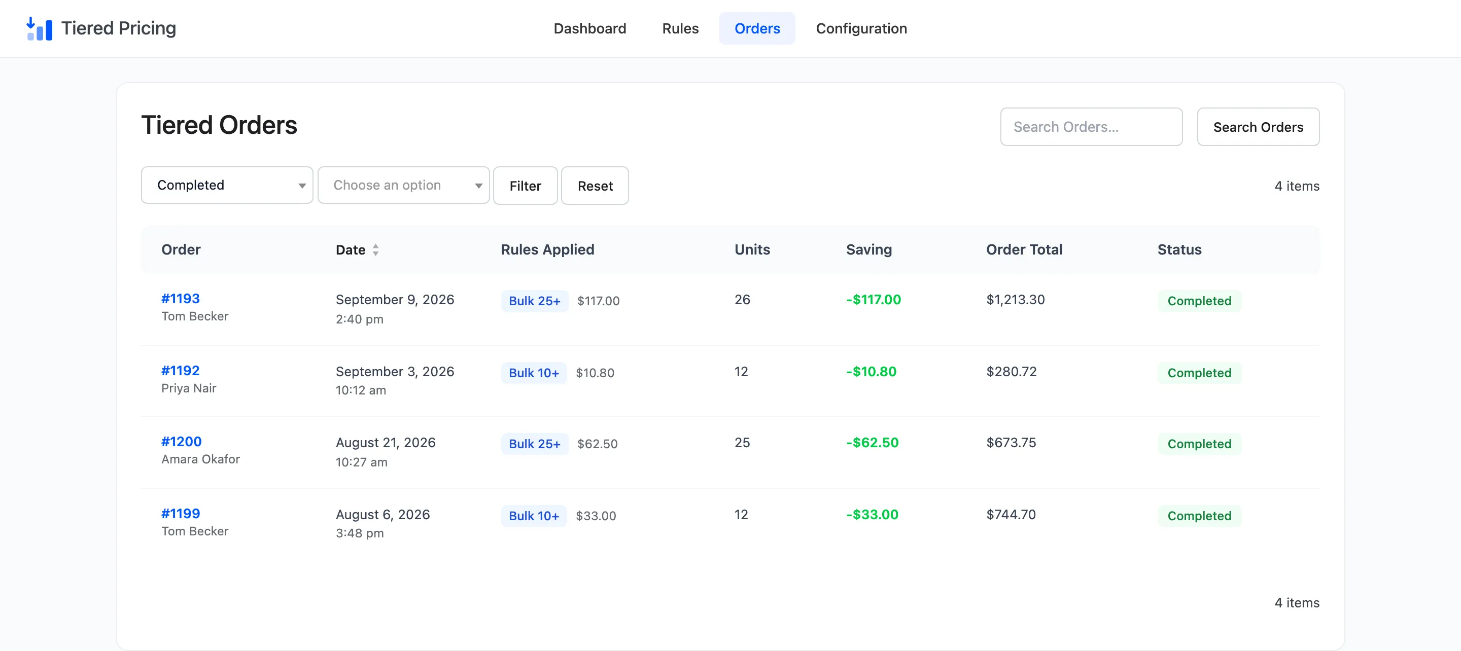 The list filtered to Completed orders