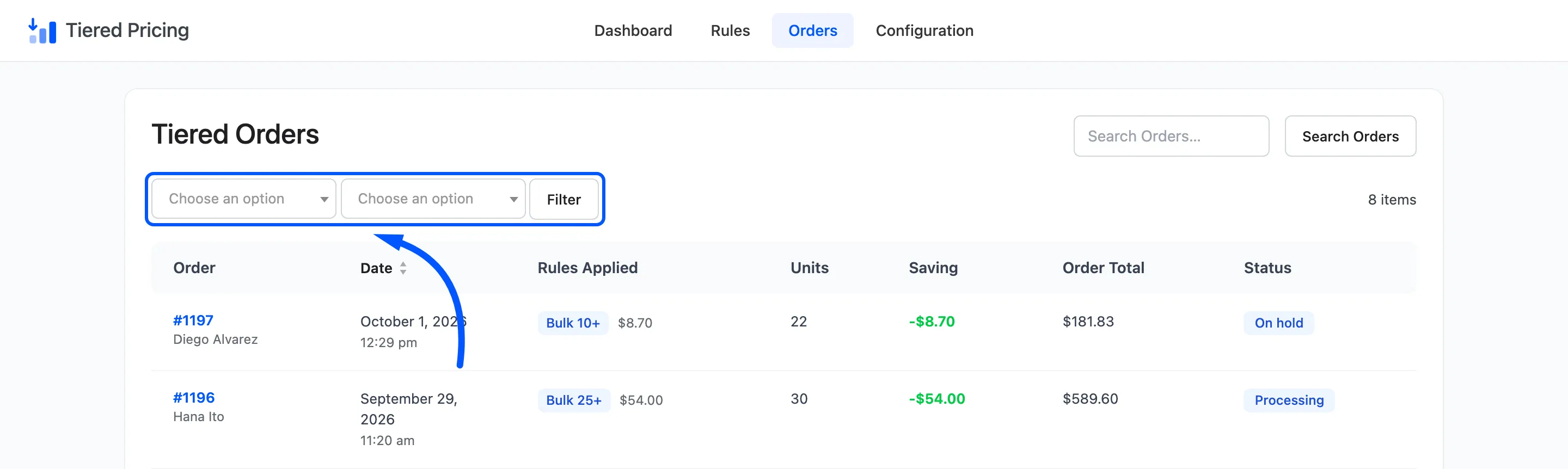 The status and date filters boxed above the list