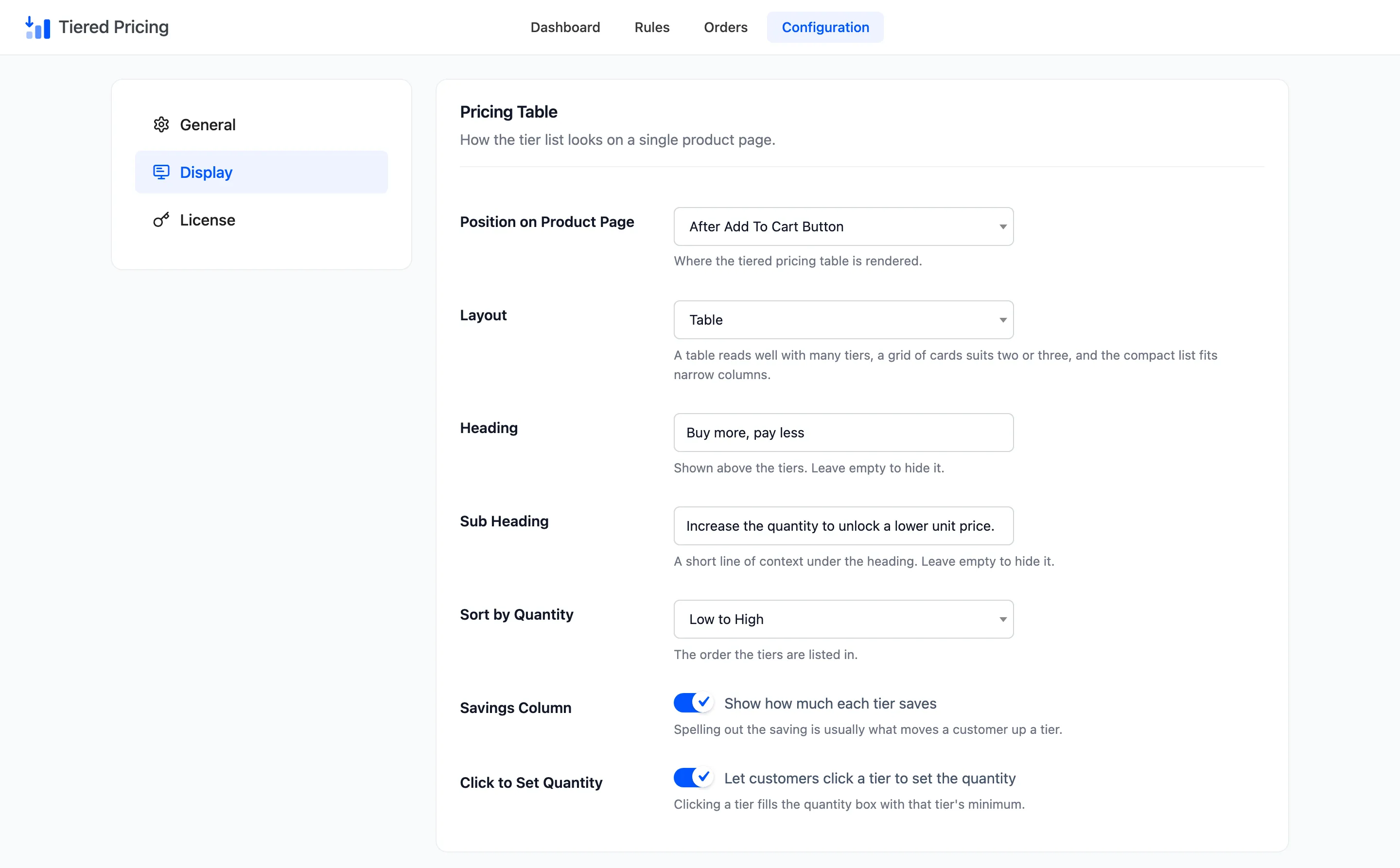 The top of the Display tab, with the Pricing Table section