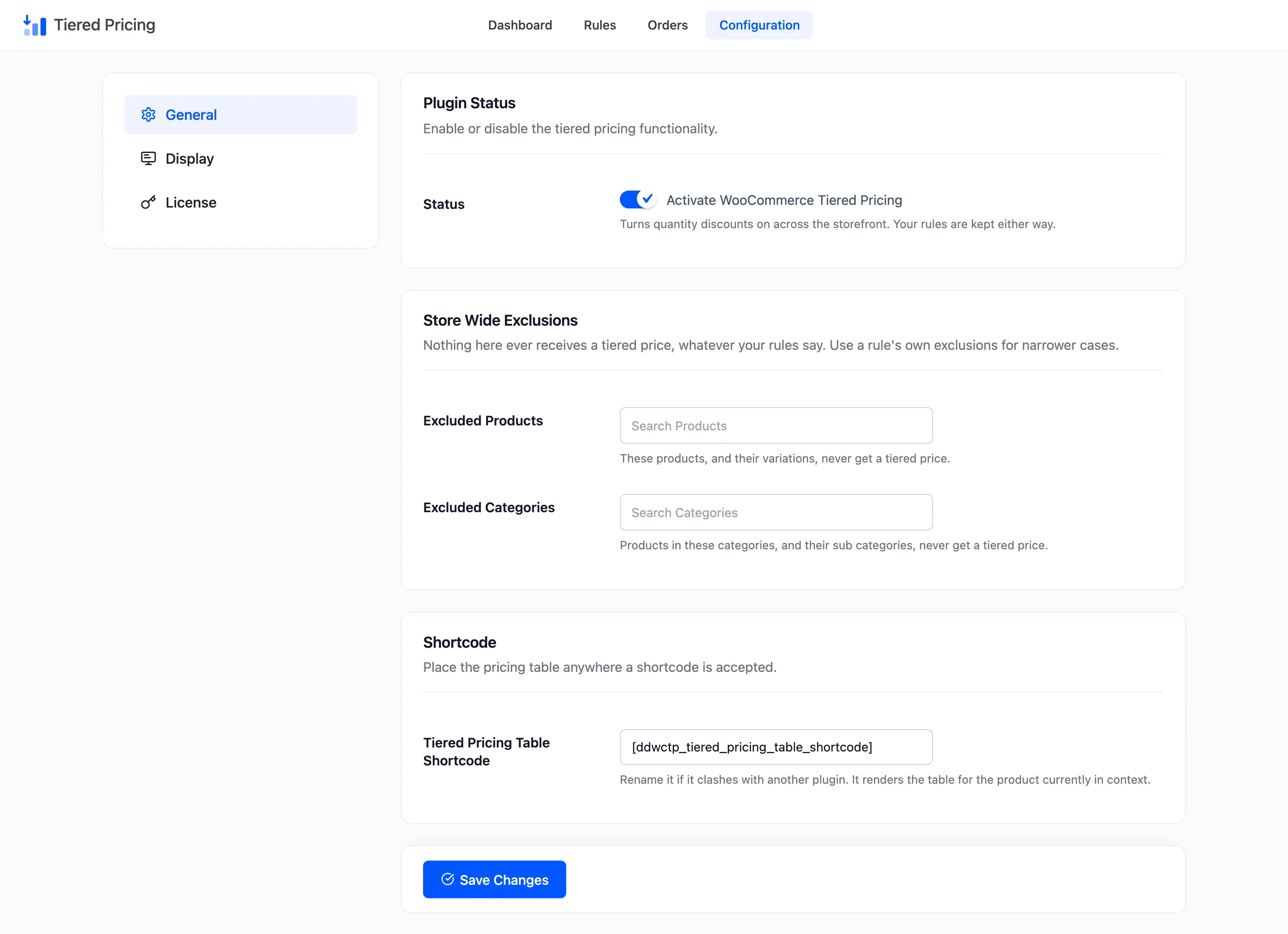 The General tab with Plugin Status, Store Wide Exclusions and Shortcode sections