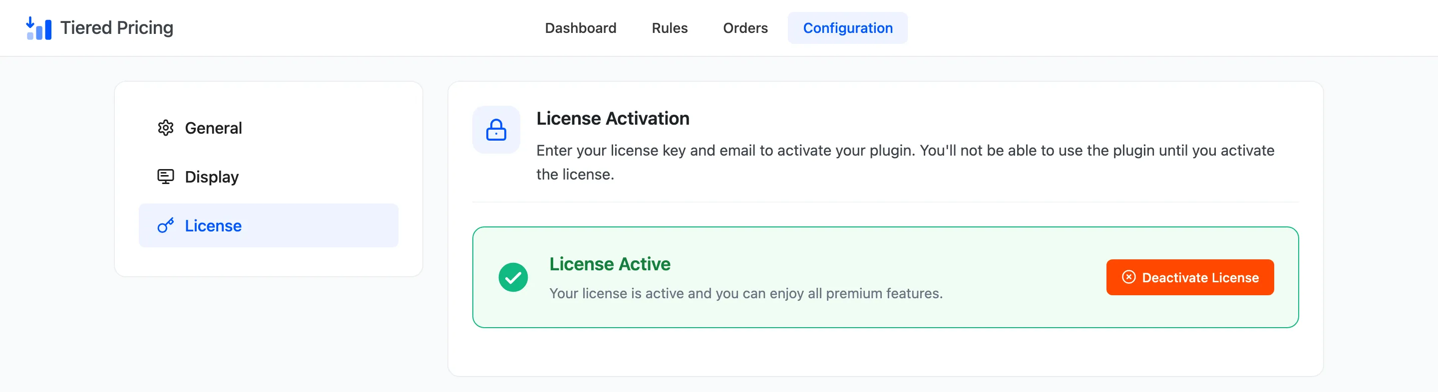 The License tab with License Active