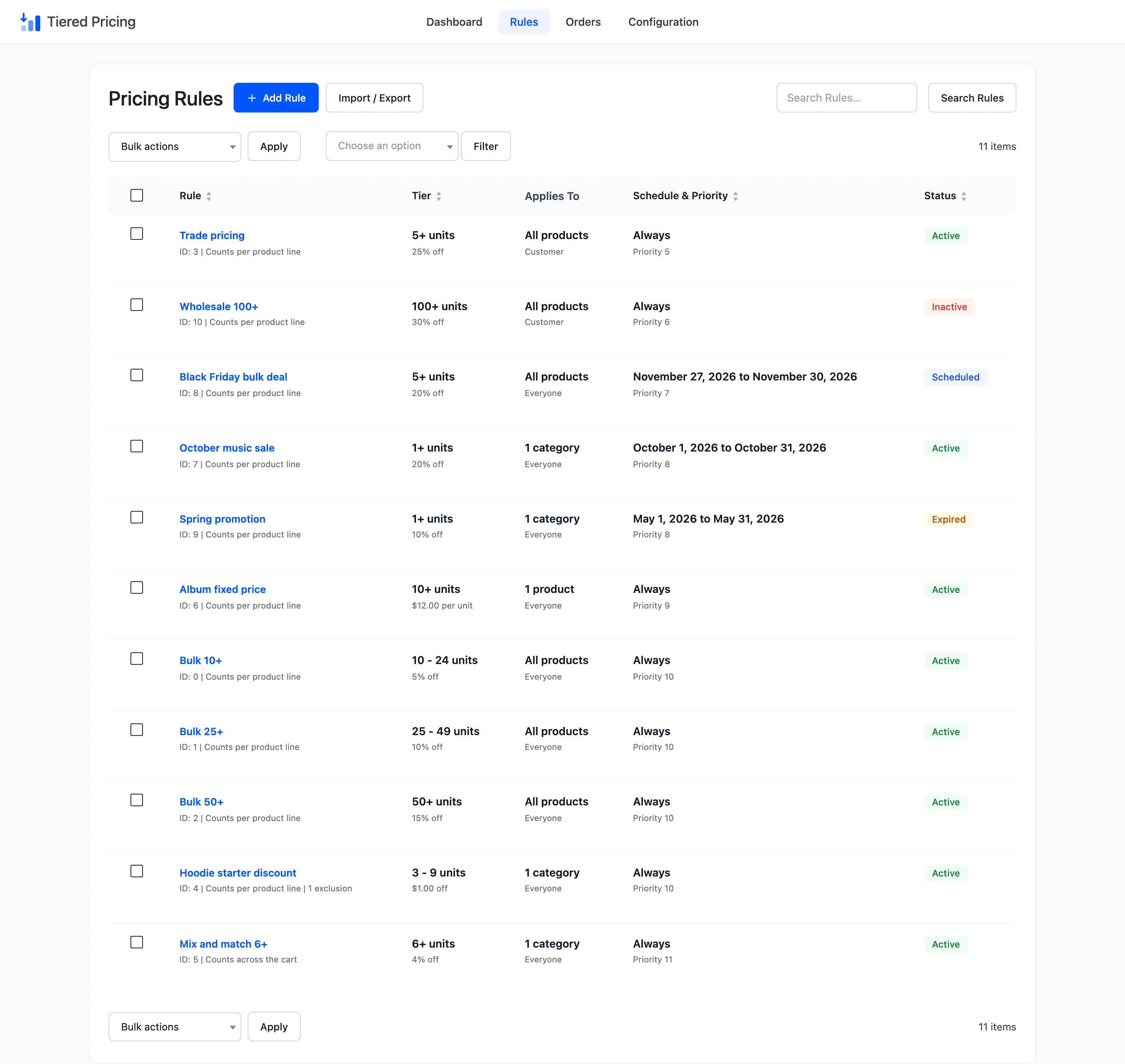 The Rules screen listing every pricing rule