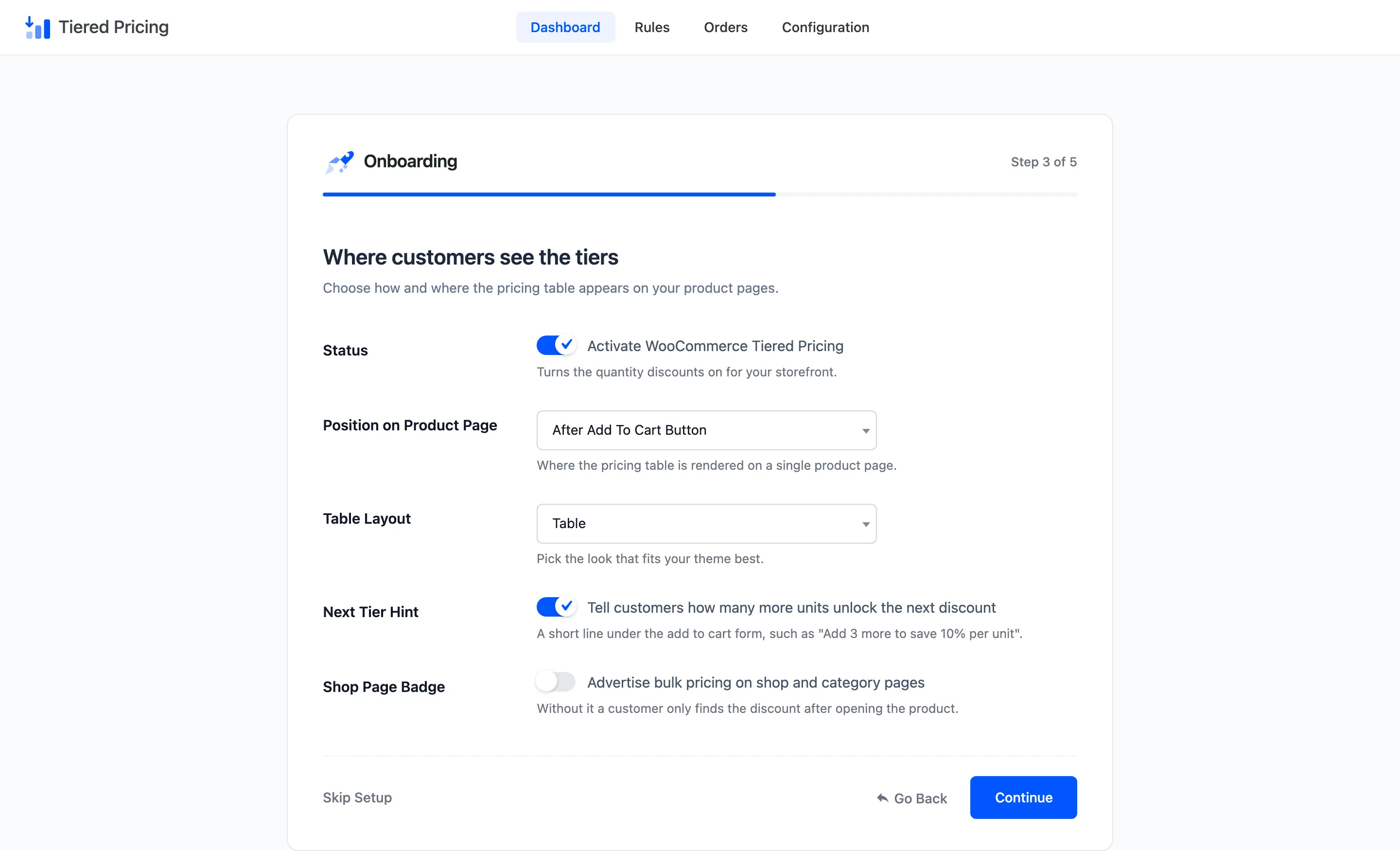 The display step with status, position, layout, next tier hint and shop page badge