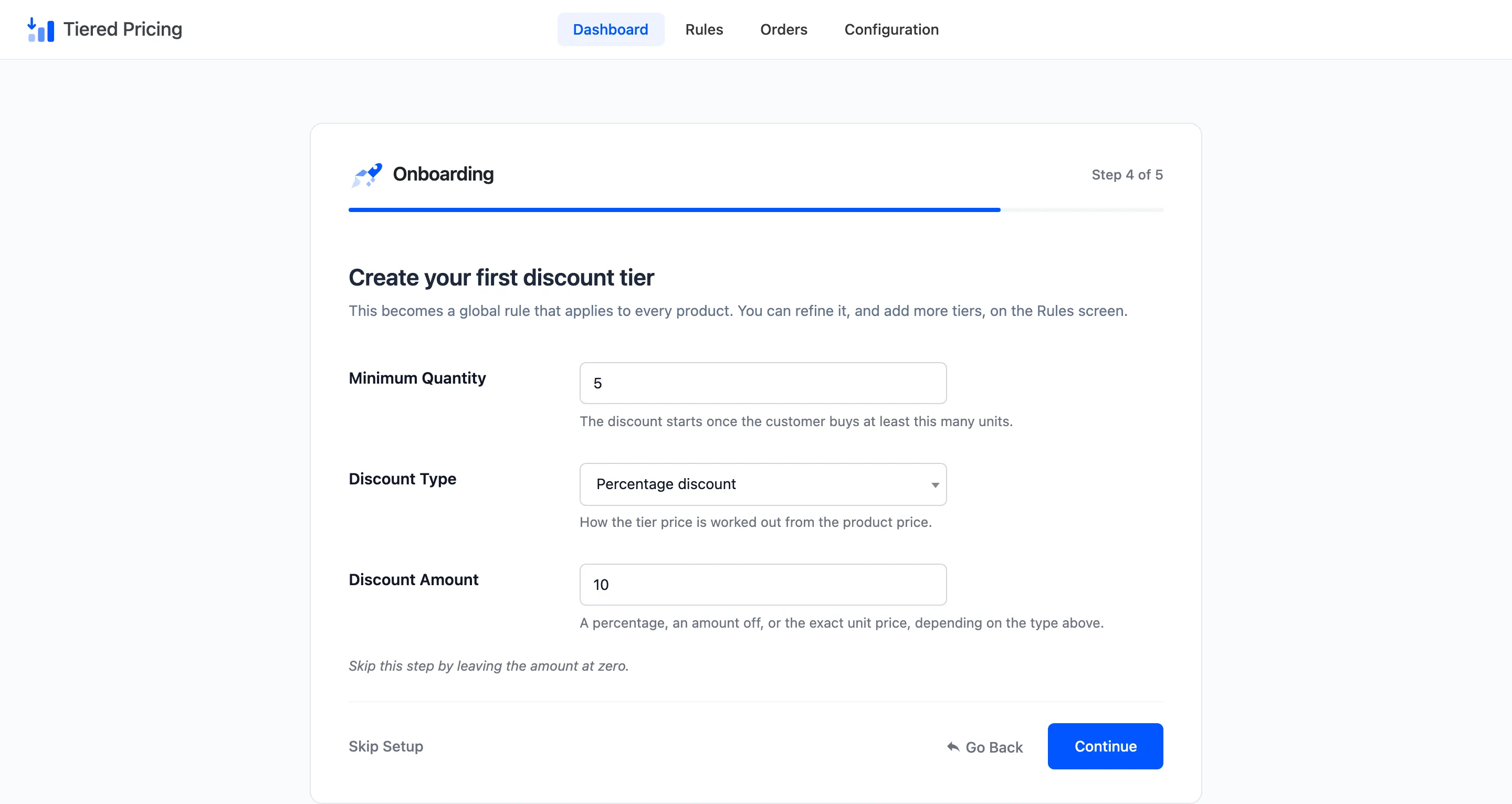 The first rule step with minimum quantity, discount type and discount amount