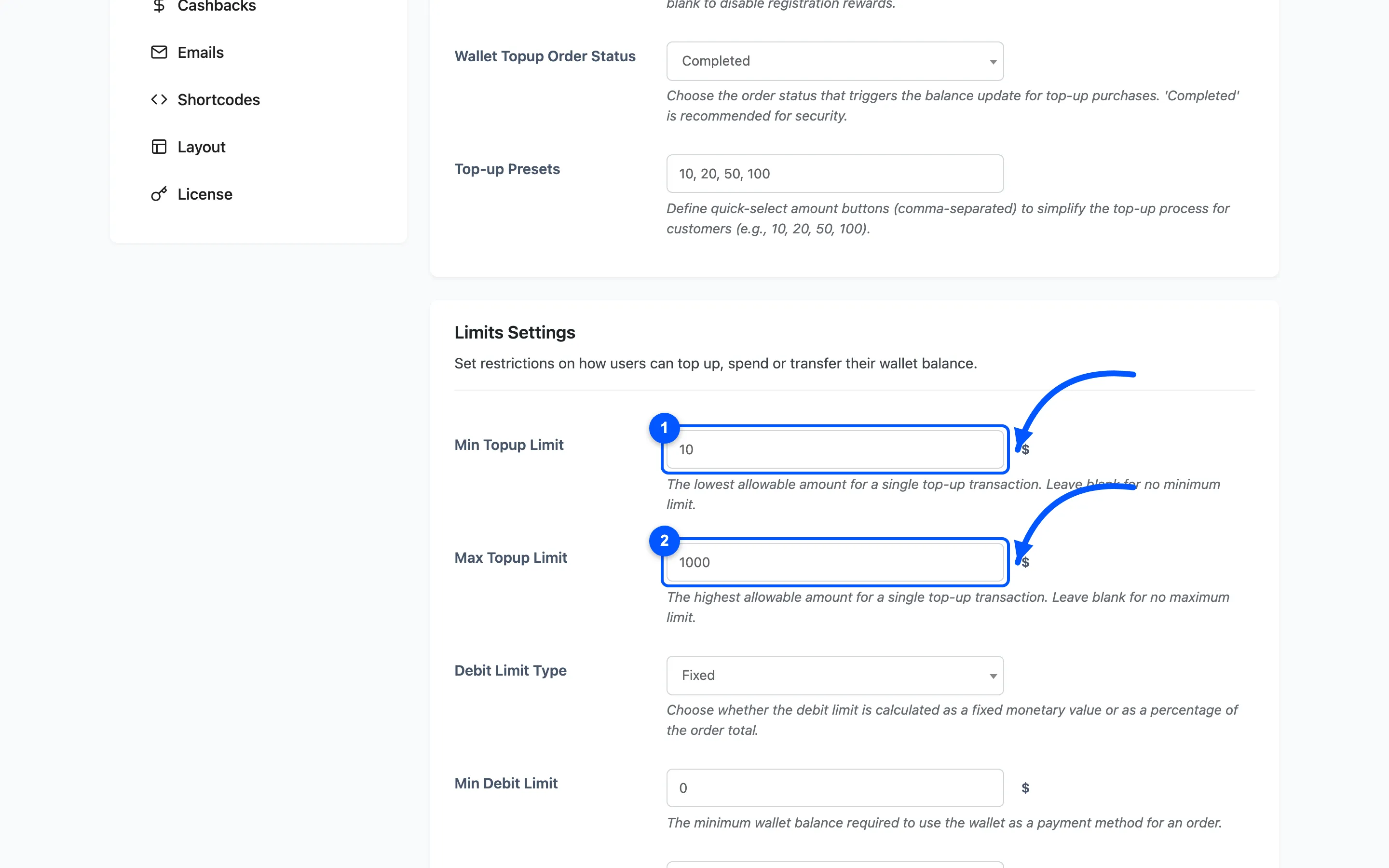 The minimum and maximum top-up limit fields