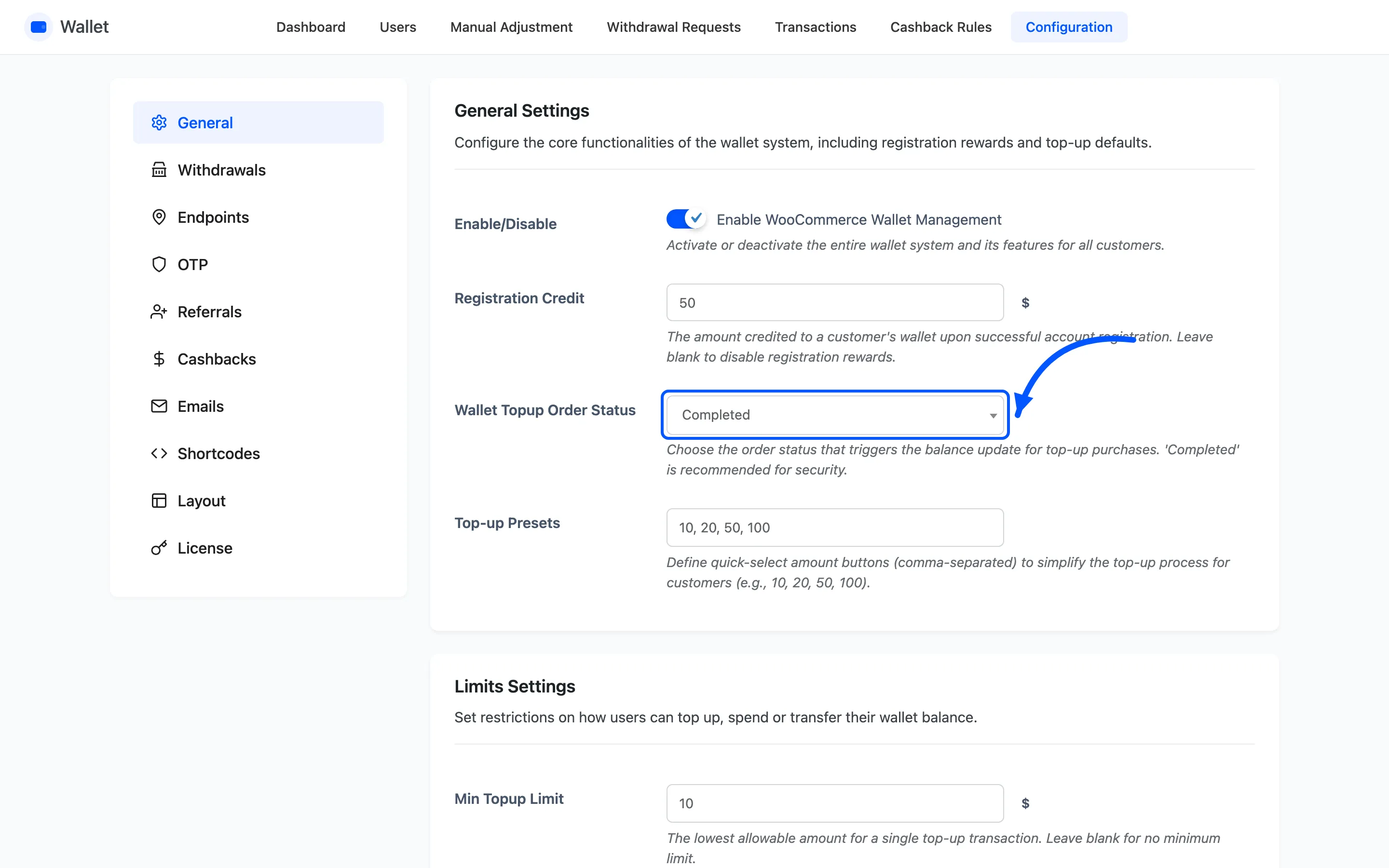 The Wallet Topup Order Status dropdown