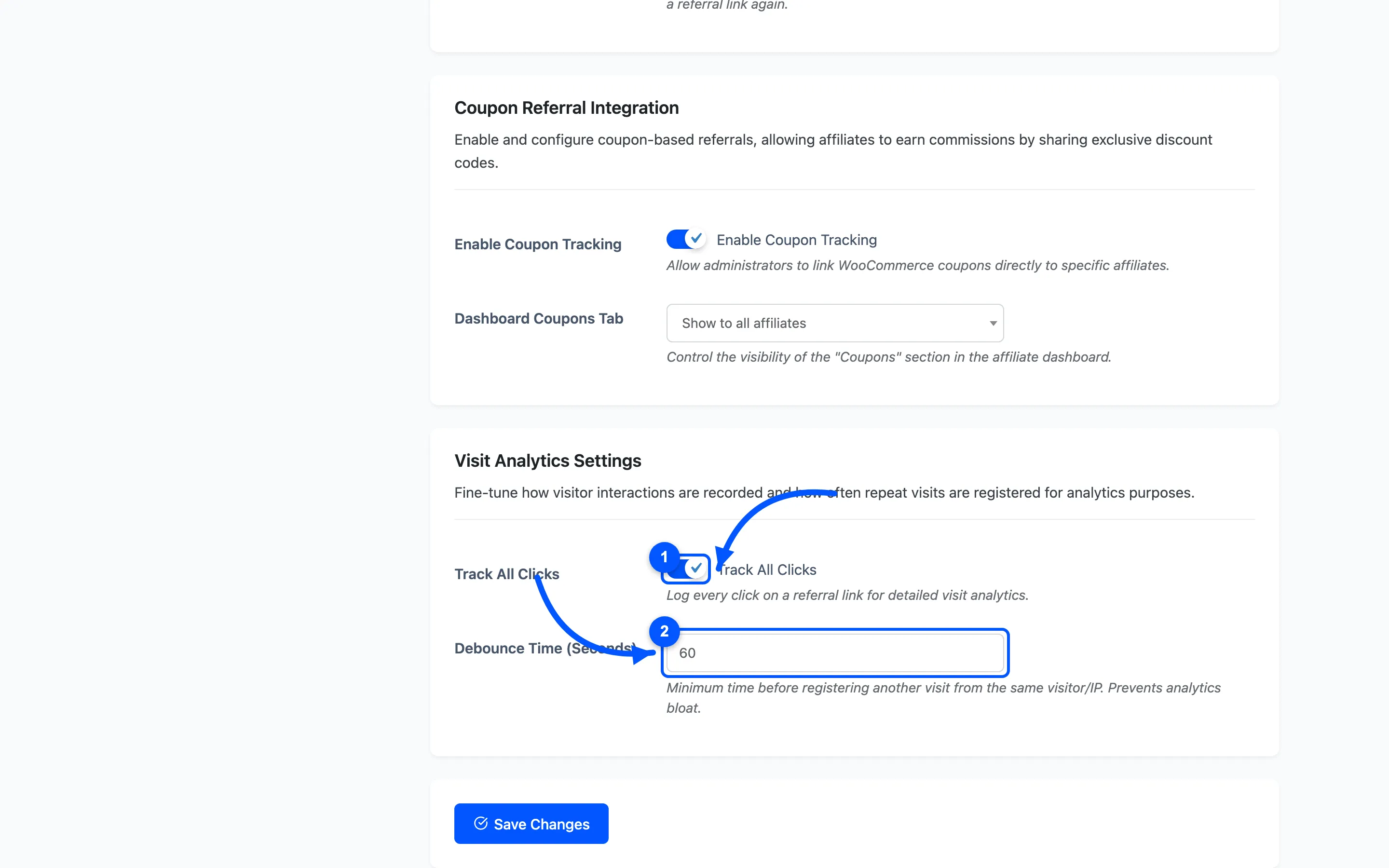 The Track All Clicks toggle and the Debounce Time field on the Referrals tab