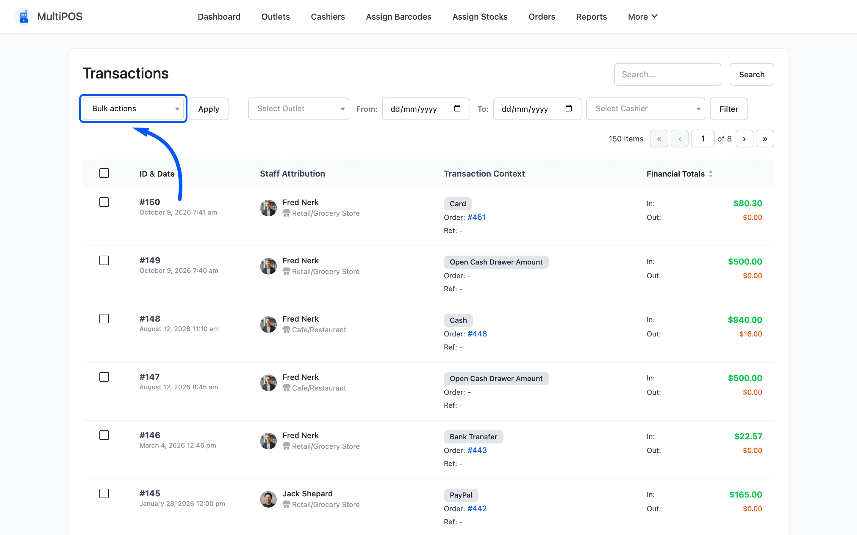 The bulk action selector on the transactions list