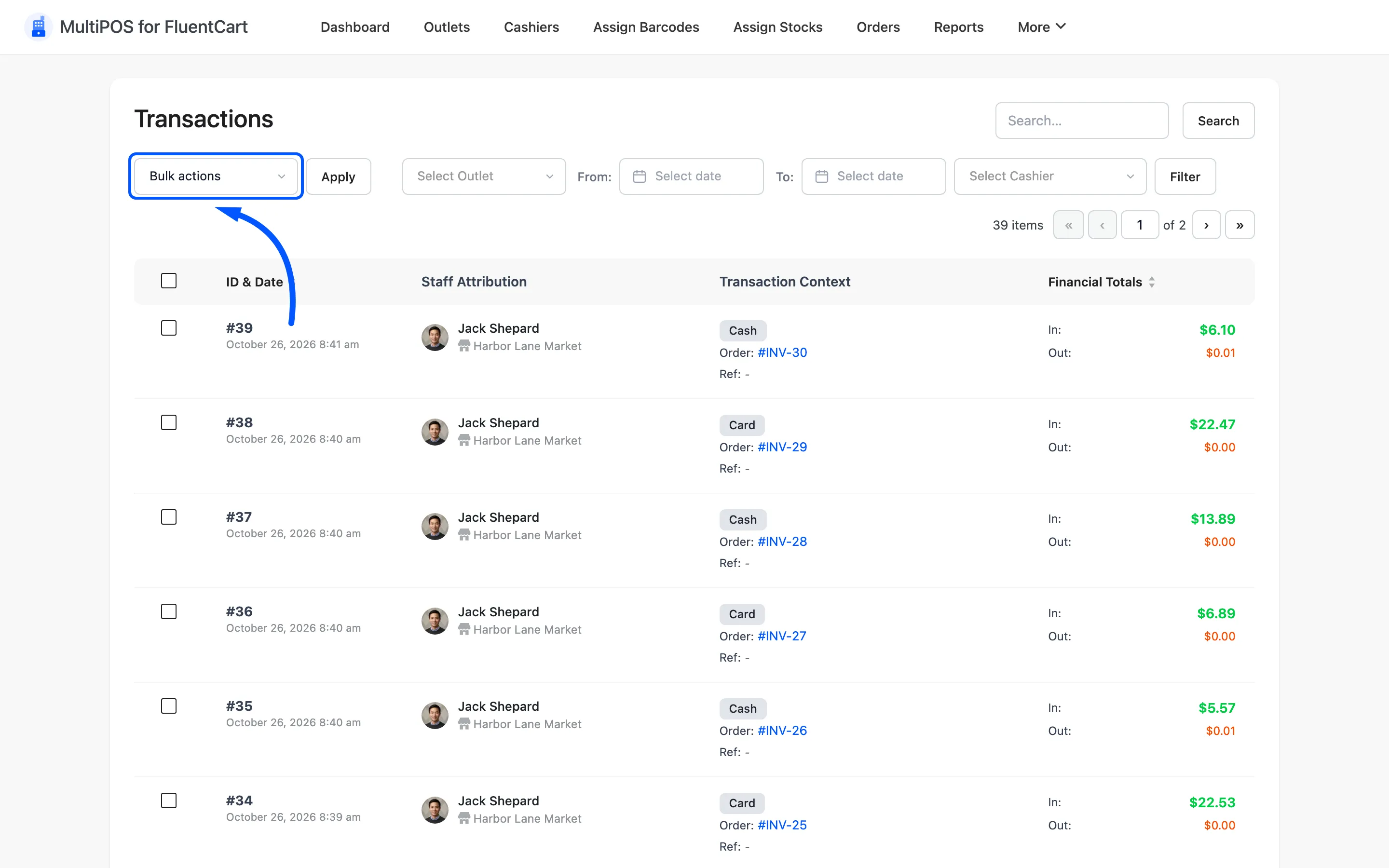 The bulk action selector on the transactions list