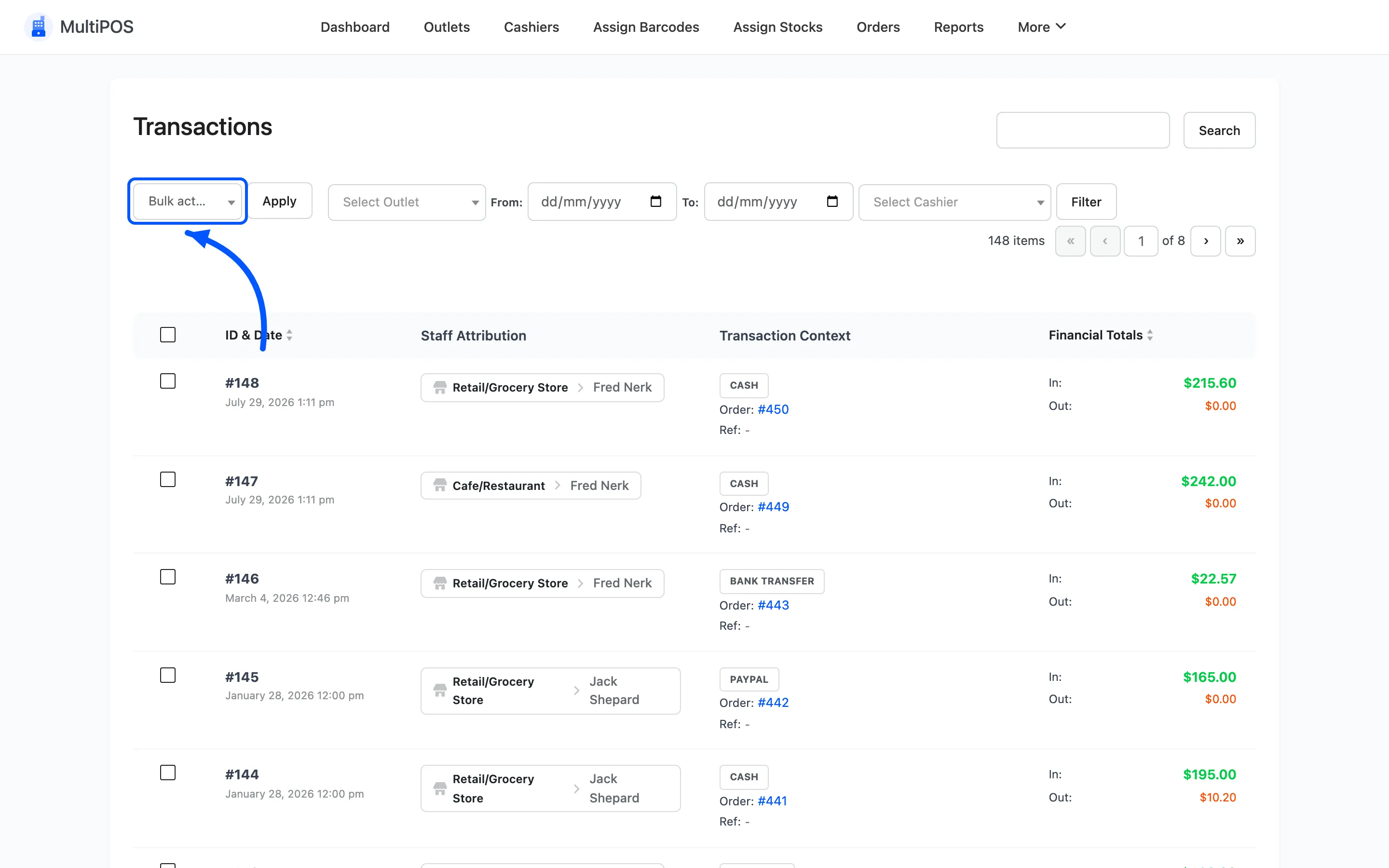 The bulk action selector on the transactions list