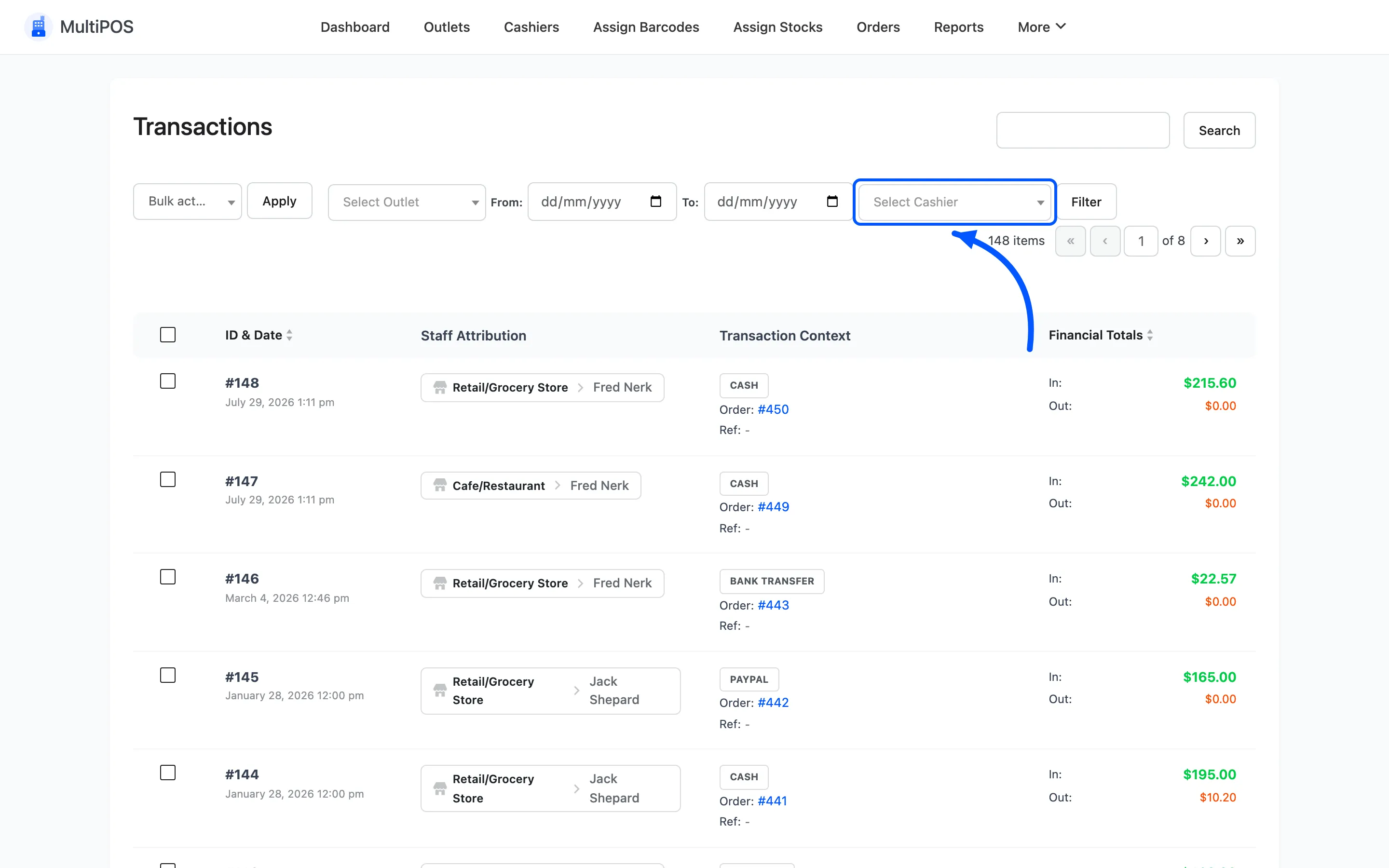 The cashier filter above the transactions list