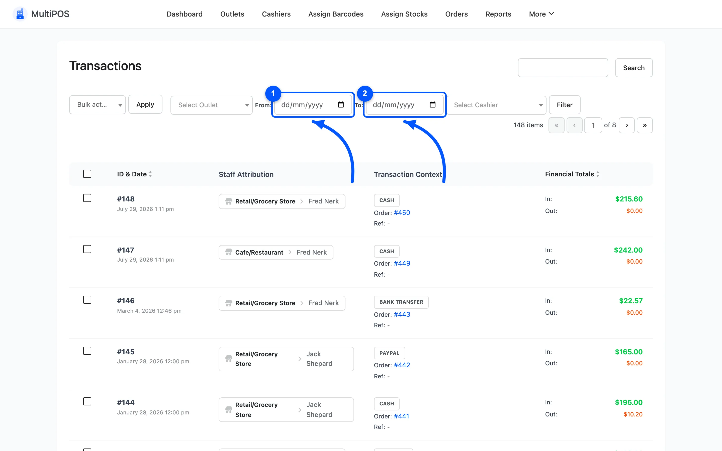 The From and To date filters above the transactions list