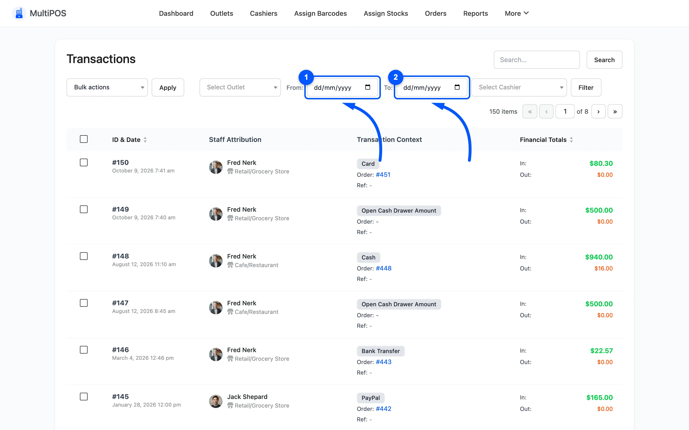 The From and To date filters above the transactions list