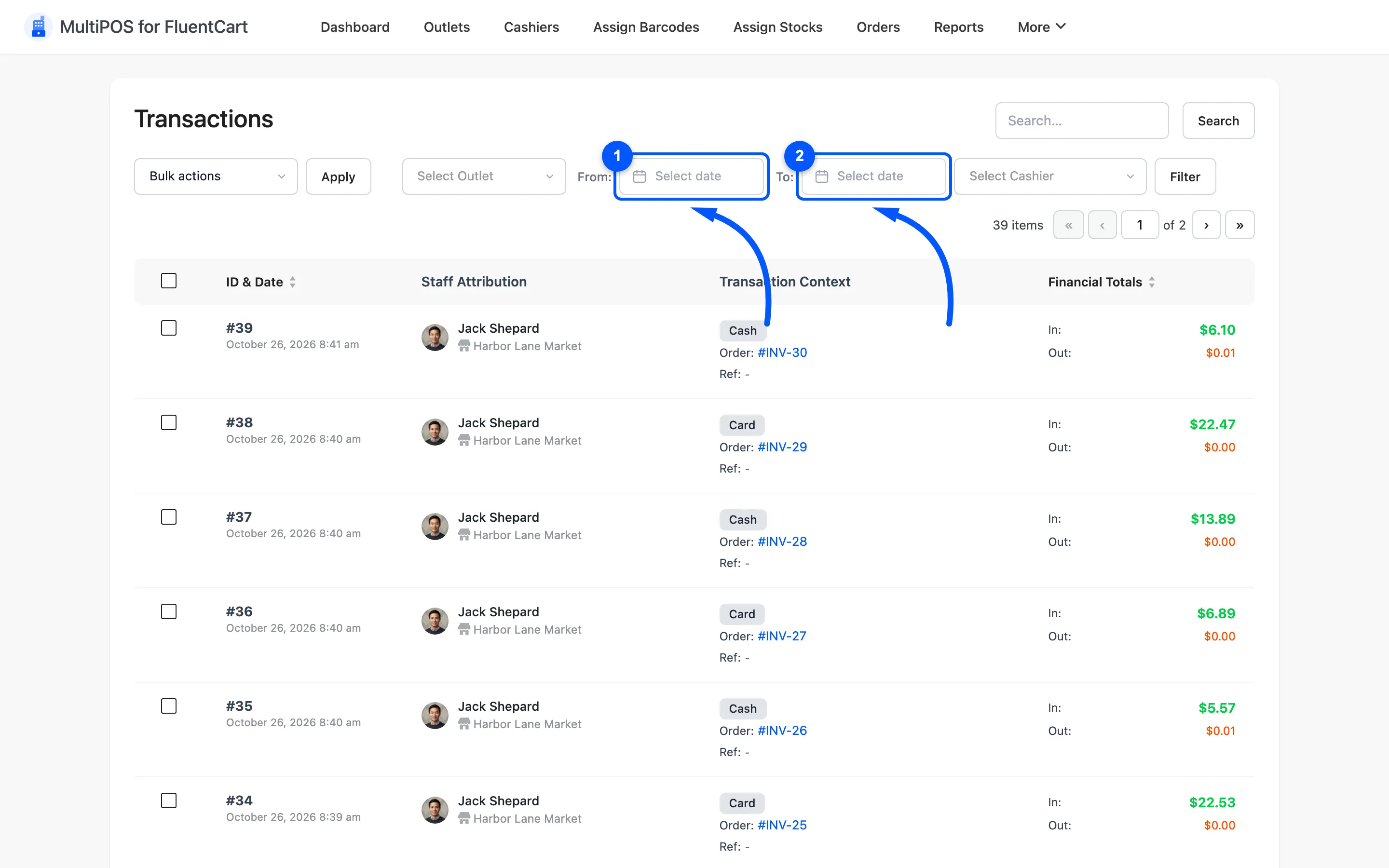 The From and To date filters above the transactions list
