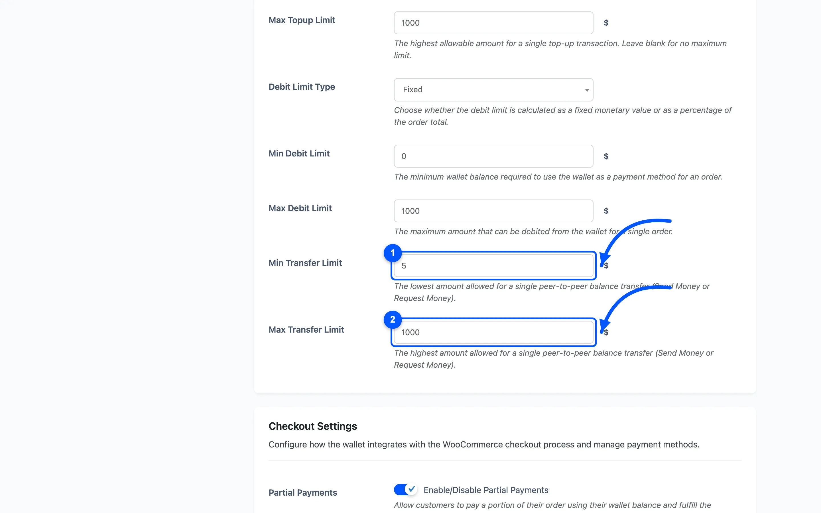 The minimum and maximum transfer limit fields